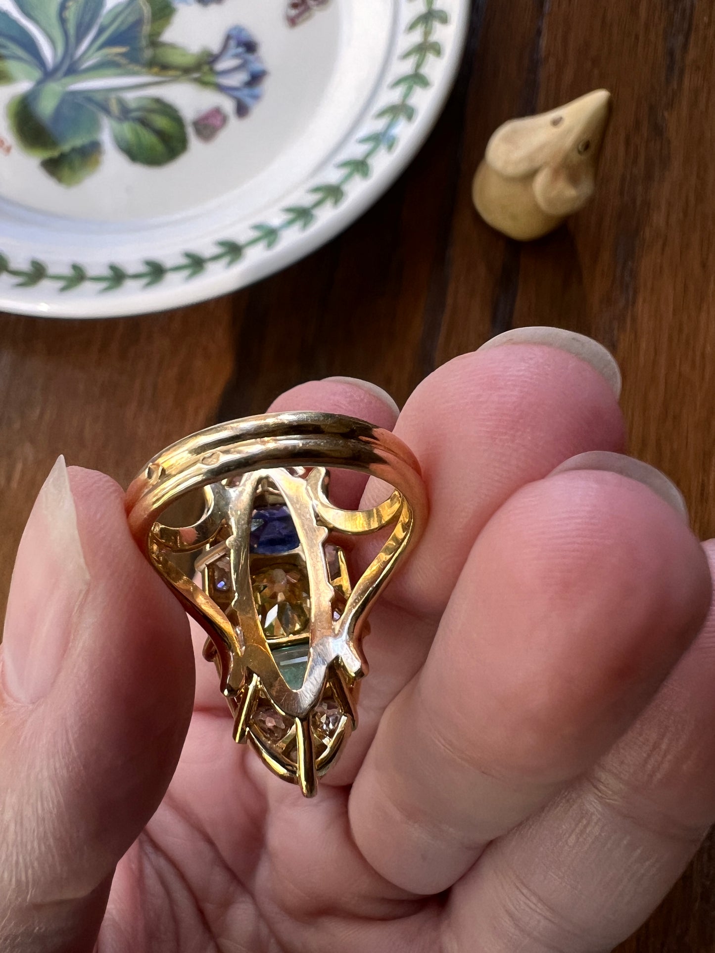 Unique French Vintage Navette Ring 1.25 Carat Antique Eye Clean Fancy Intense Greenish YELLOW Old Mine Cut DIAMOND 2.35 Tdw Emerald Sapphire