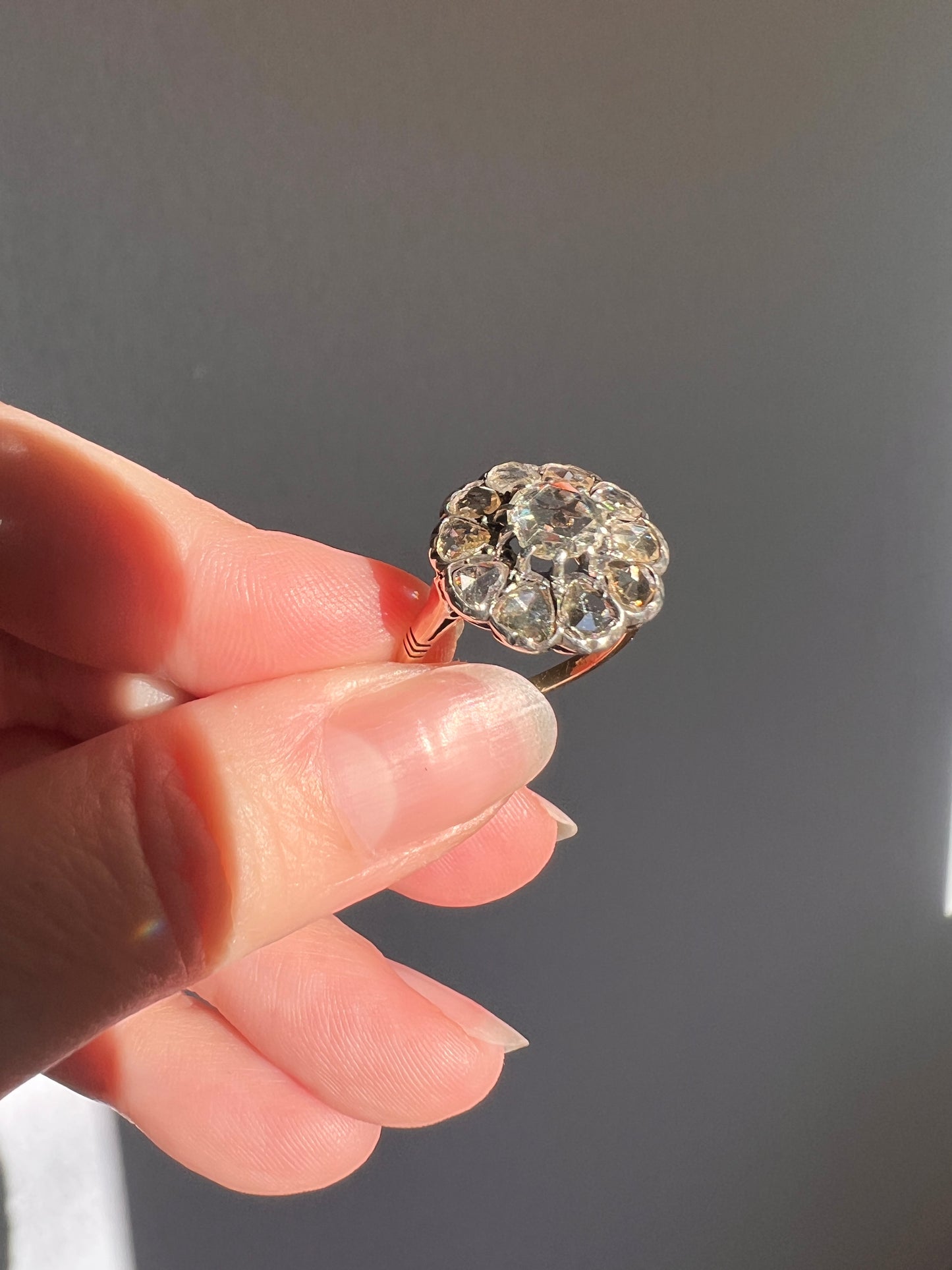 Rare Open Back Antique 1.7 CARAT Rose Cut DIAMOND Clear Disco Daisy Cluster Ring French 18k Gold