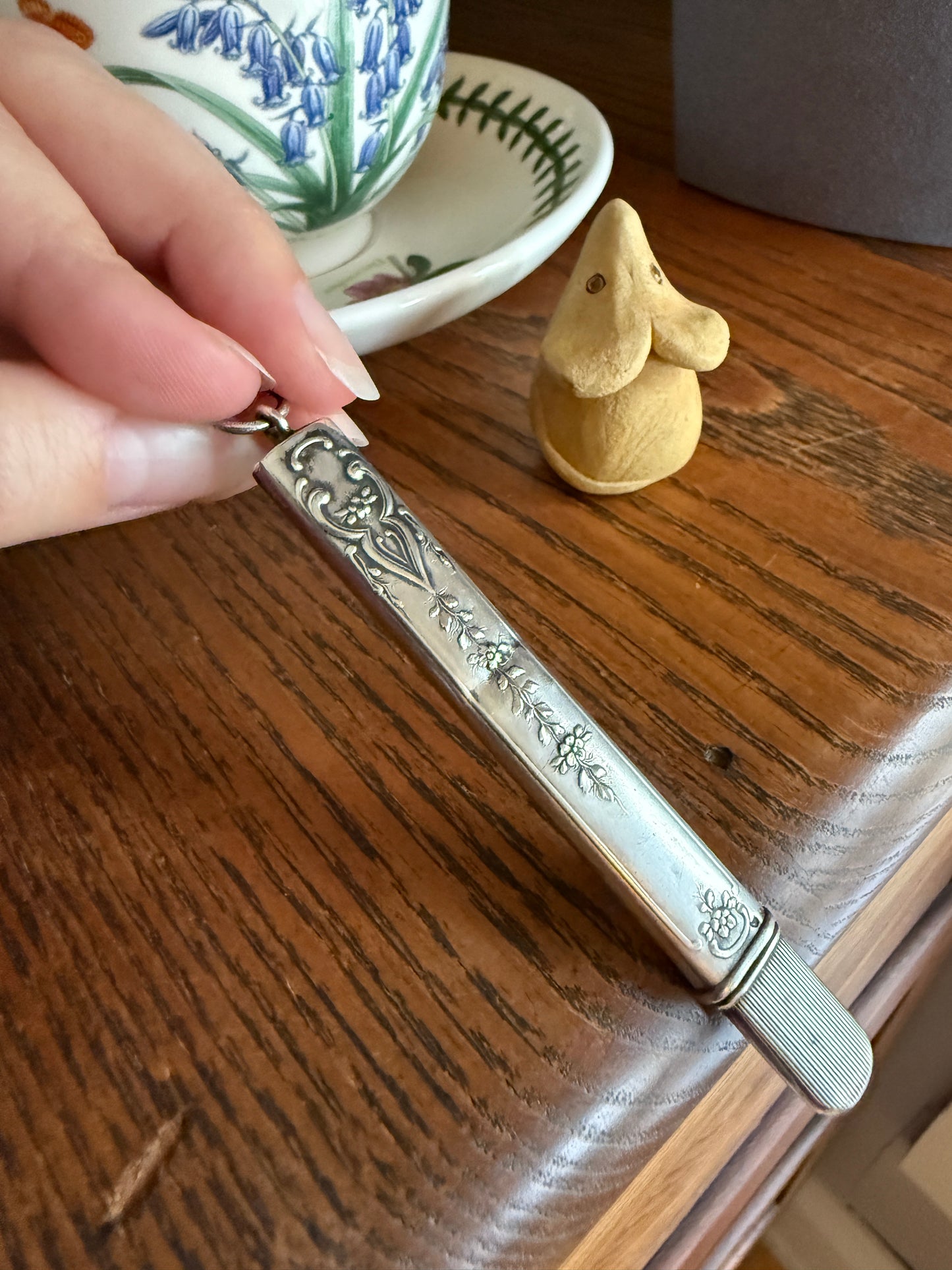 Floral Solid Silver French Chatelaine Pencil Needle Case Pendant