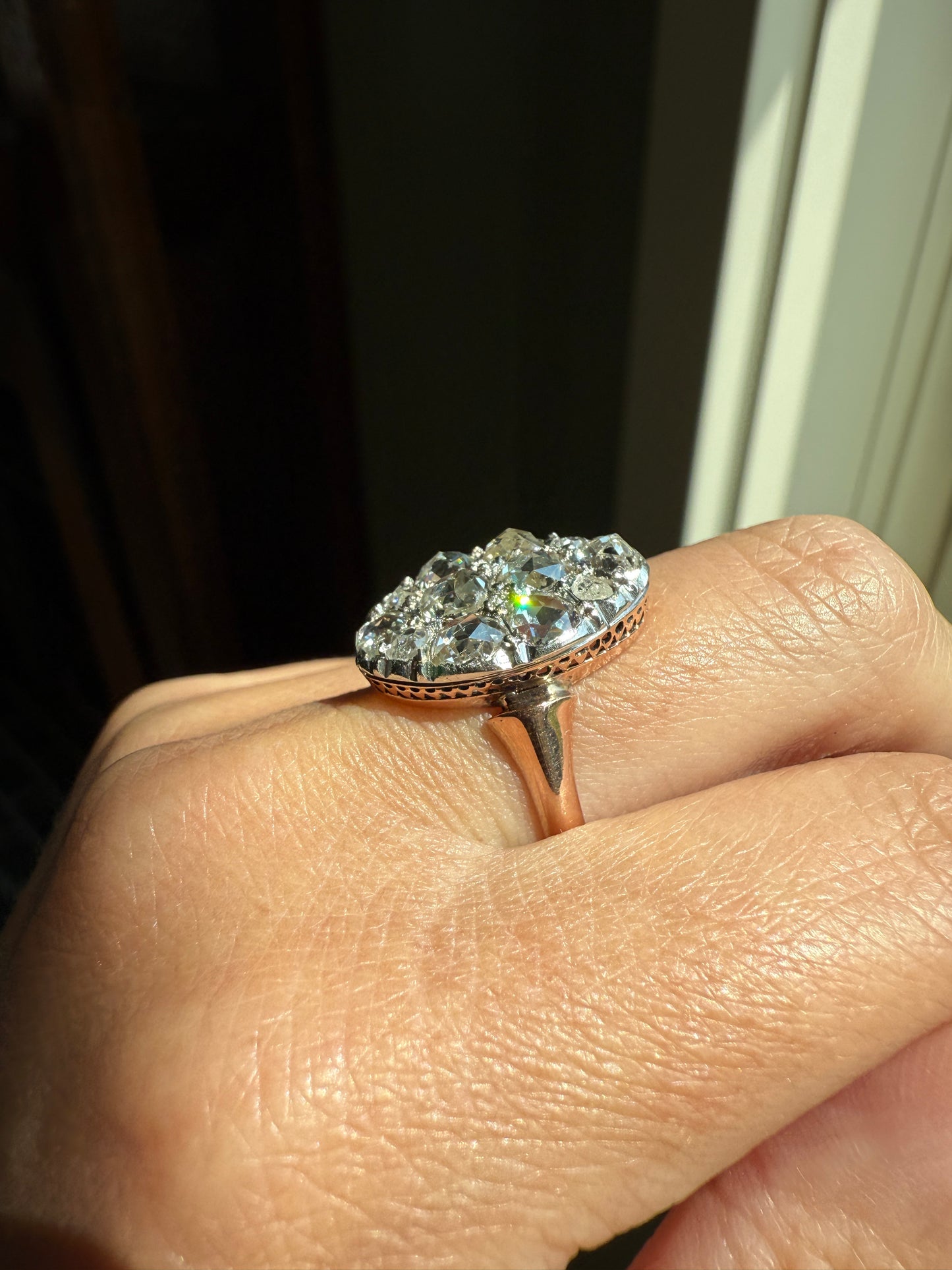 Extraordinary French Antique 3 Carat Scale Dutch Rose Cut DIAMOND 18k Gold Platinum Cluster Oval Stacker Rare Disco Ball Bauble
