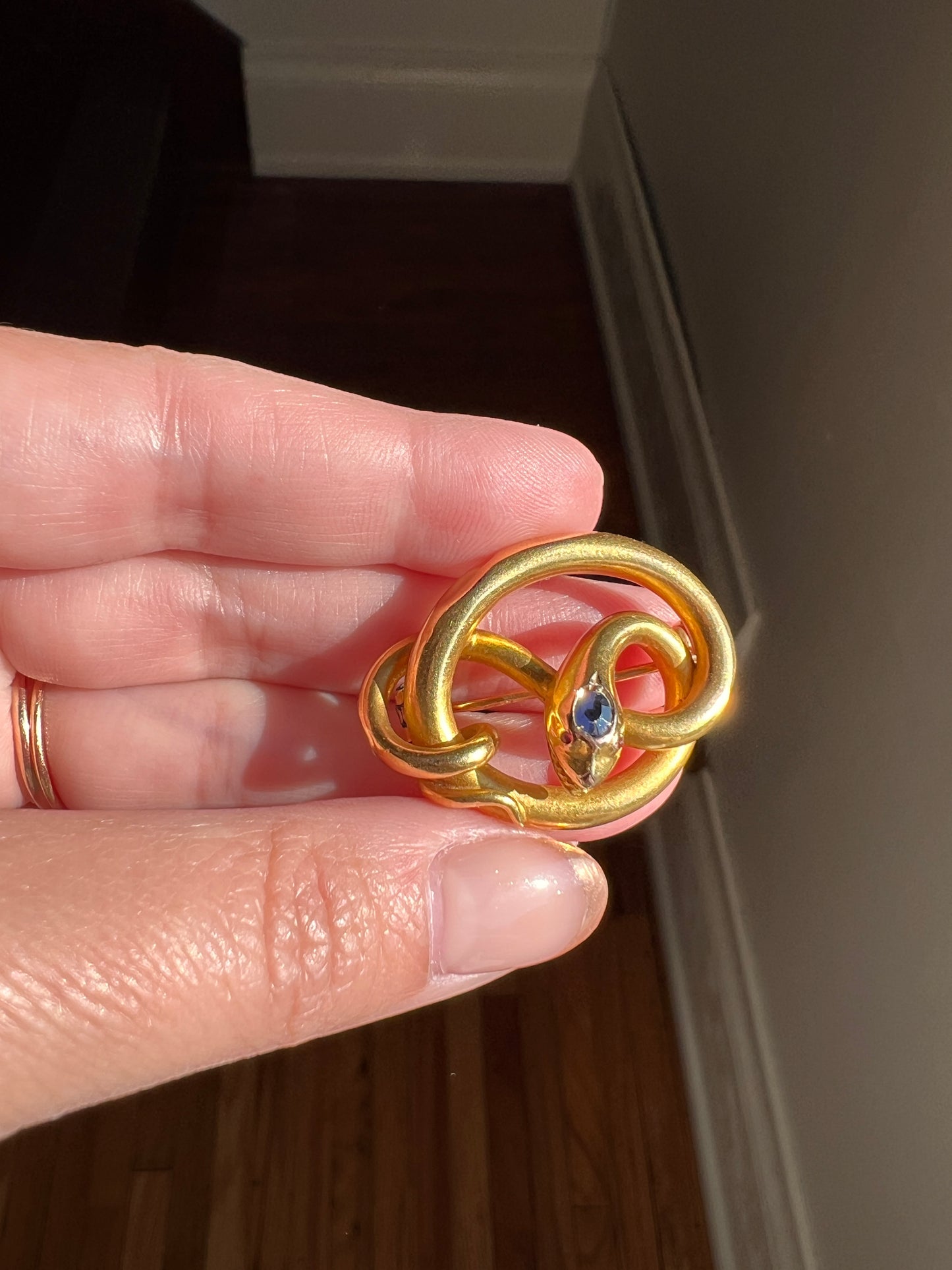 Smiling SNAKE XL Victorian Antique Figural TEETH! 7.5g 18k Gold Solid Brooch or Pendant Holder Connector Sapphire Head Ruby Eyes