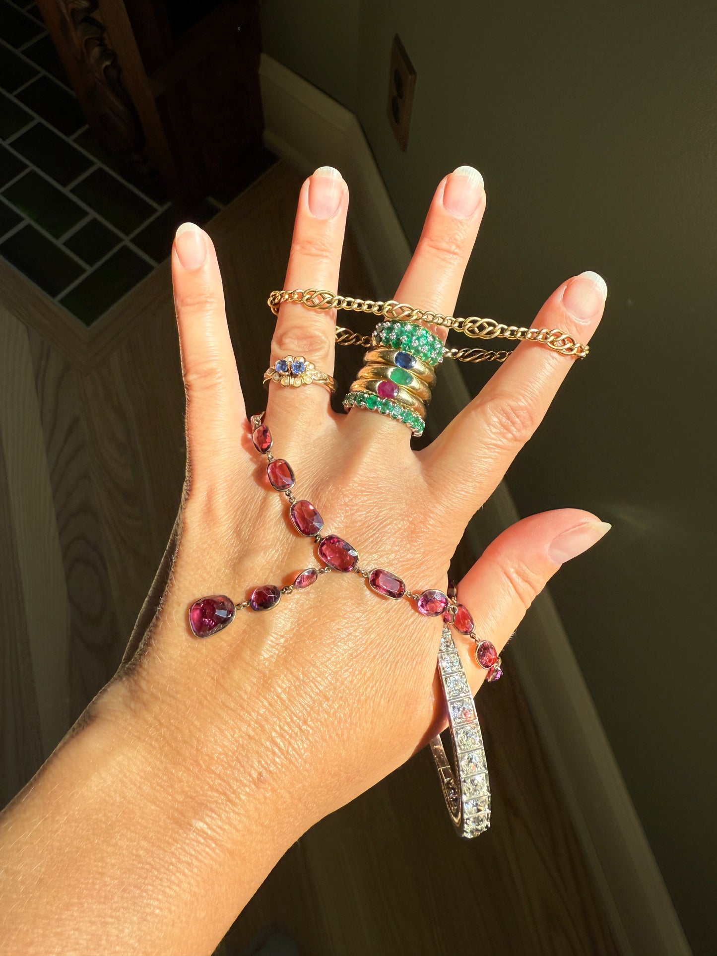 Antique 36 GARNET Riviera Station Chain 10k GOLD Berry Purple Pink Chunky Lariat Y Necklace Collar