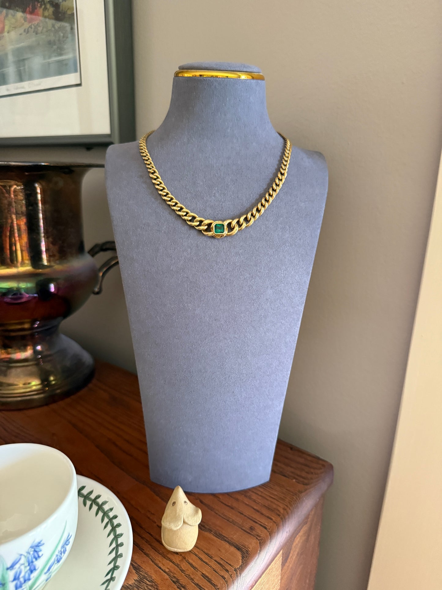 Vintage 26g 18k Gold Natural EMERALD French Curb Chain DATED Cert & ORIGINAL Gouache Drawing Design Heavy Unisex Chunky Green