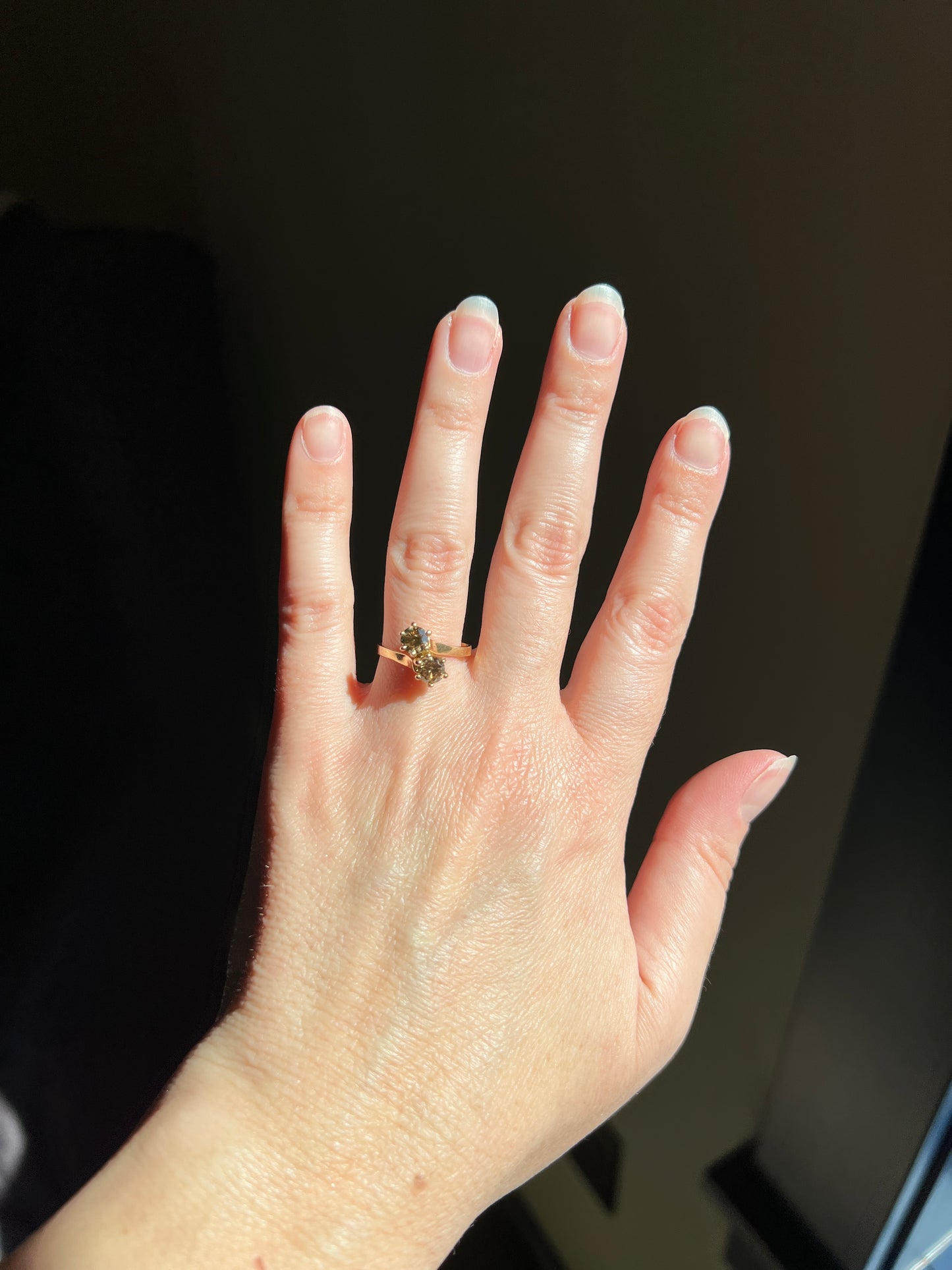 Fancy BROWN 1 Carat Tdw Transitional Cut DIAMOND Toi et Moi Ring 18k Gold Tall Champagne Cognac Stacker French Romantic Gift