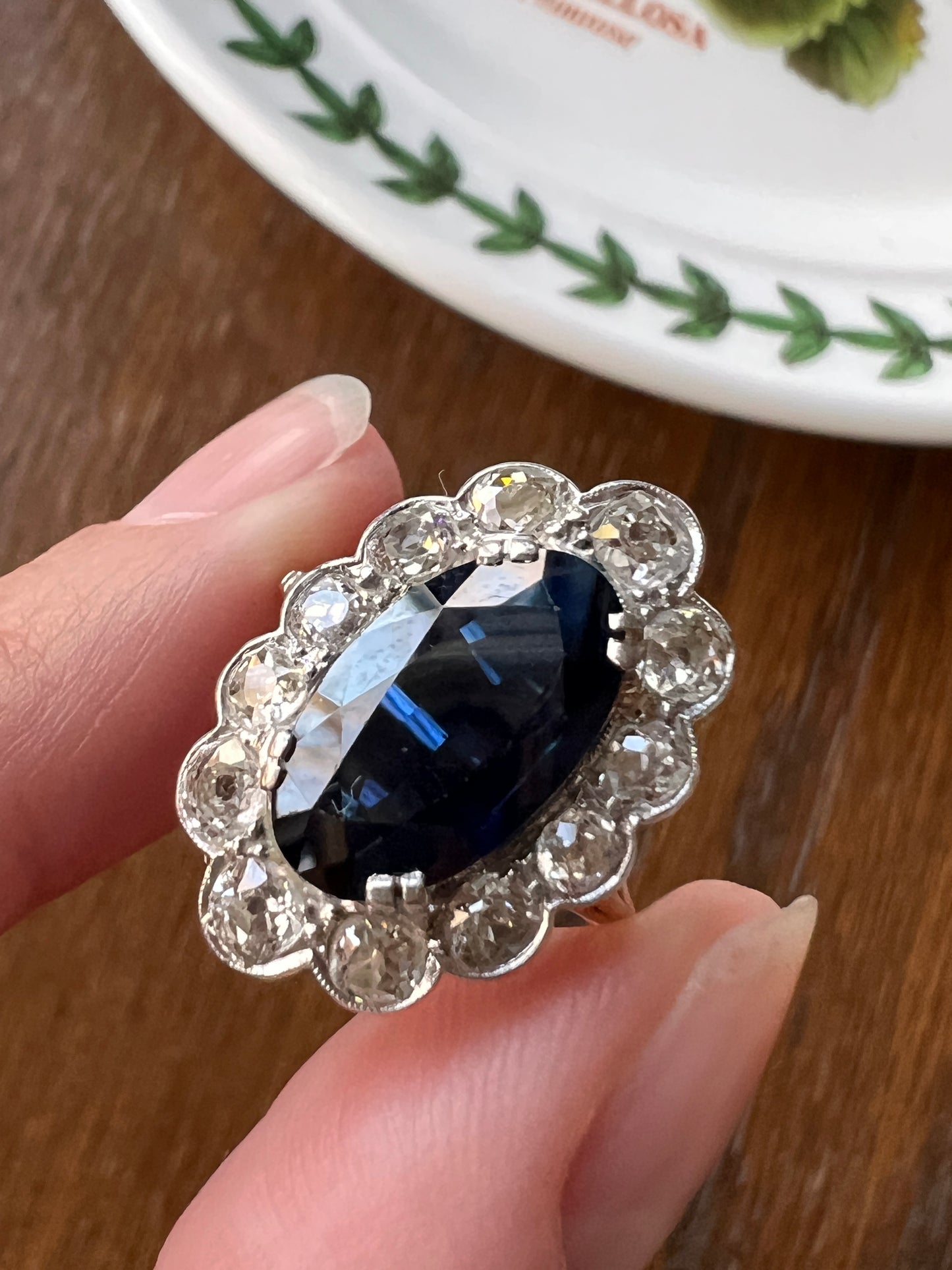 French Antique 18k White Gold PLATINUM 3Ct Natural SAPPHIRE 1.2Ctw Old Mine Cut DIAMOND Halo Ring Cluster