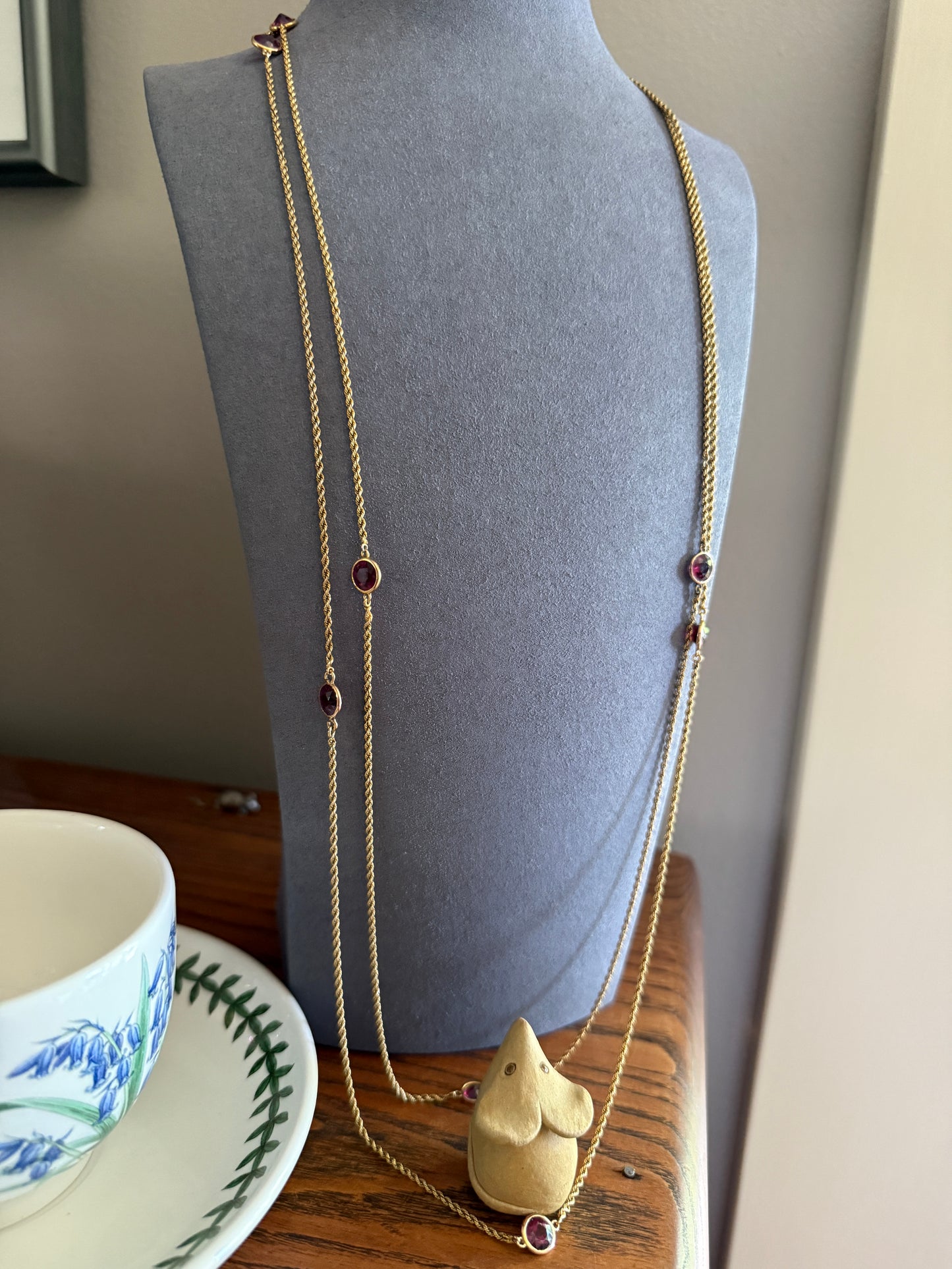 Victorian X Long Antique GARNET Station Chain Guard 67 Inch (!) 5.5 FEET 22g 14k GOLD Necklace Berry Pink Purple Neckmess Body Chain Gift