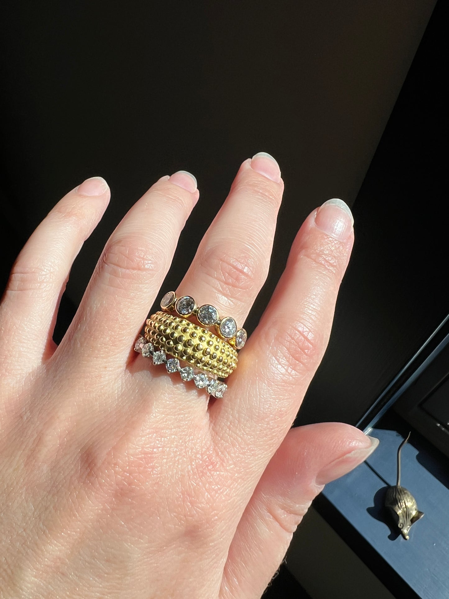 Vintage 1.35 Carat DIAMOND Uniform Five Stone Band Stacker Ring 18k Gold French Wedding Circular Bezel Set Half Hoop
