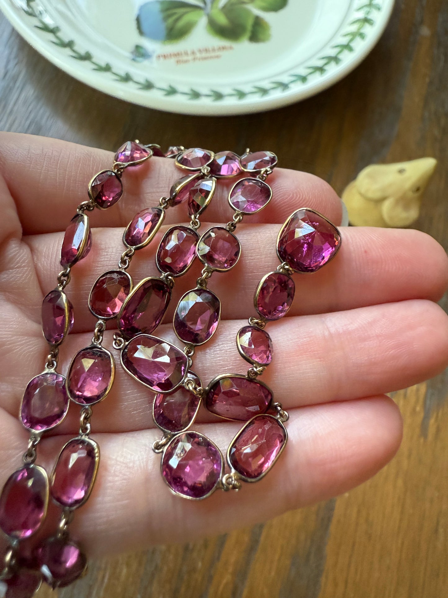 Antique 36 GARNET Riviera Station Chain 10k GOLD Berry Purple Pink Chunky Lariat Y Necklace Collar