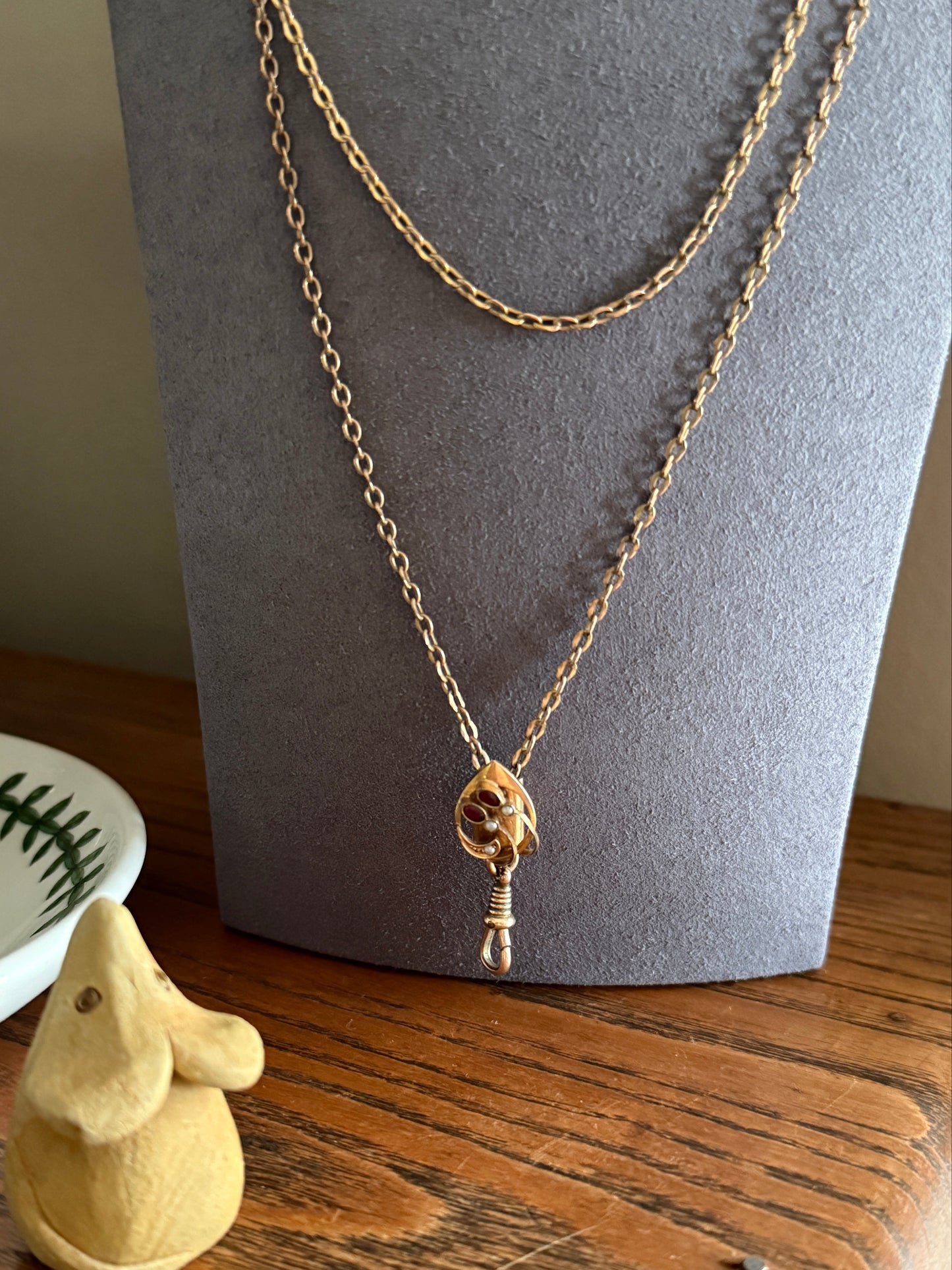 Victorian Art Nouveau Warm Rosy Gold Fill Long Guard Muff Watch Chain Necklace with Swirl Marquise Paste Ruby & Seed Pearl Slide