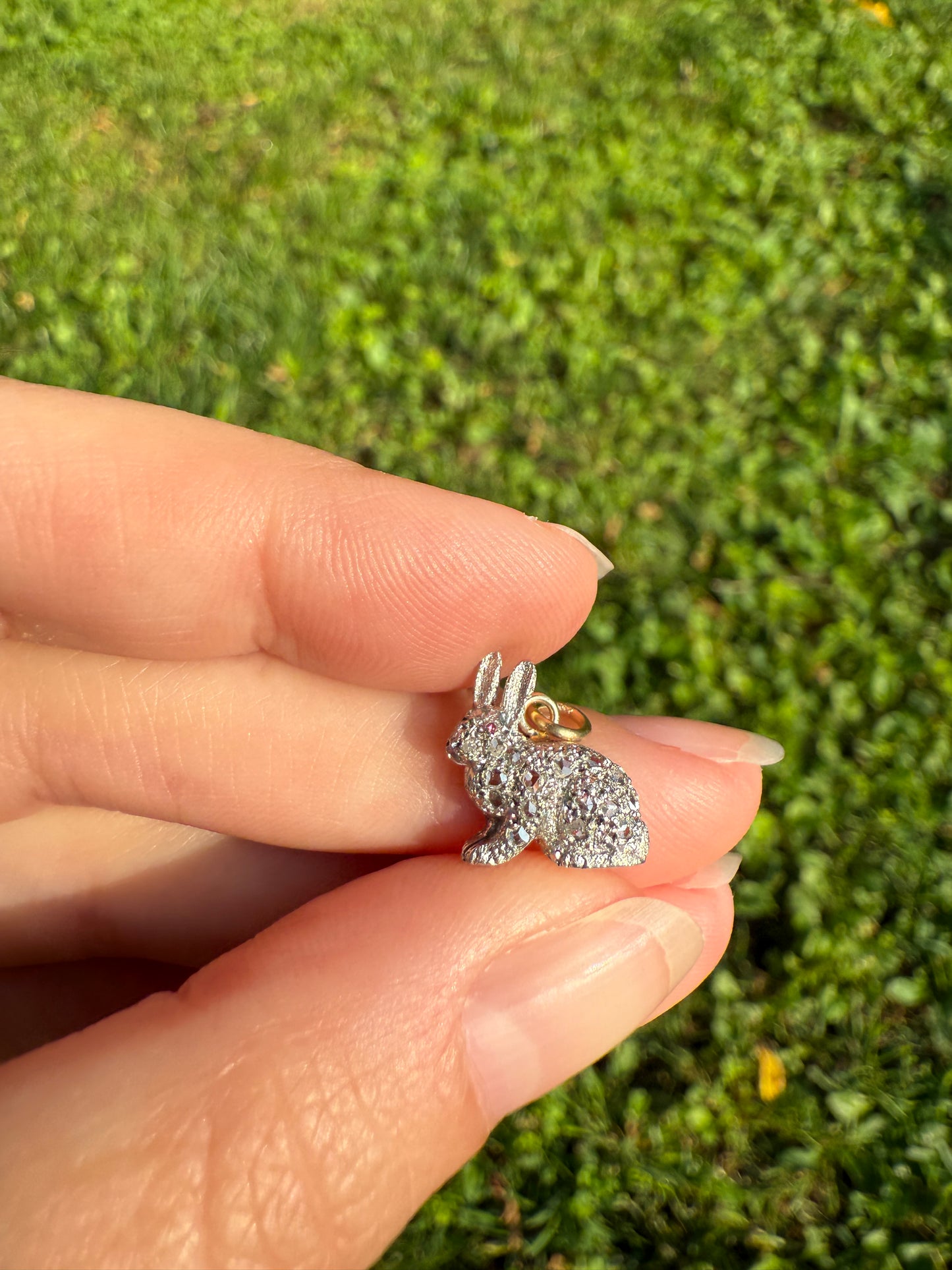 The Little Bun Bun BUNNY Rose Cut Diamond Encrusted ANTIQUE Figural Rabbit Pendant Platinum 18k & 14k Gold