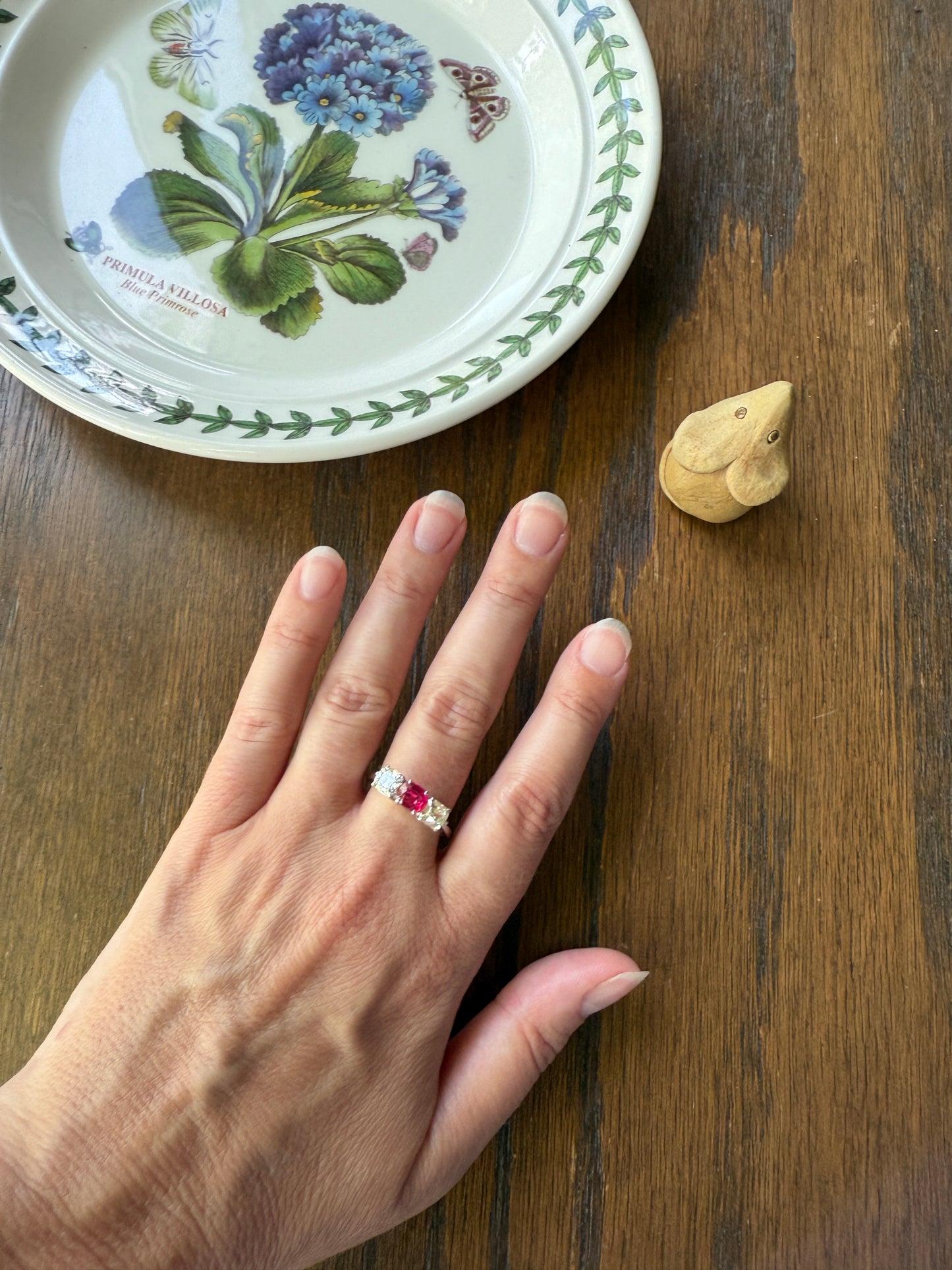 TALL Three Stone Square Old Mine Cut DIAMOND Natural Ruby 18k White Gold Ring Unique Stacker Setting Stackable Pinkish Red