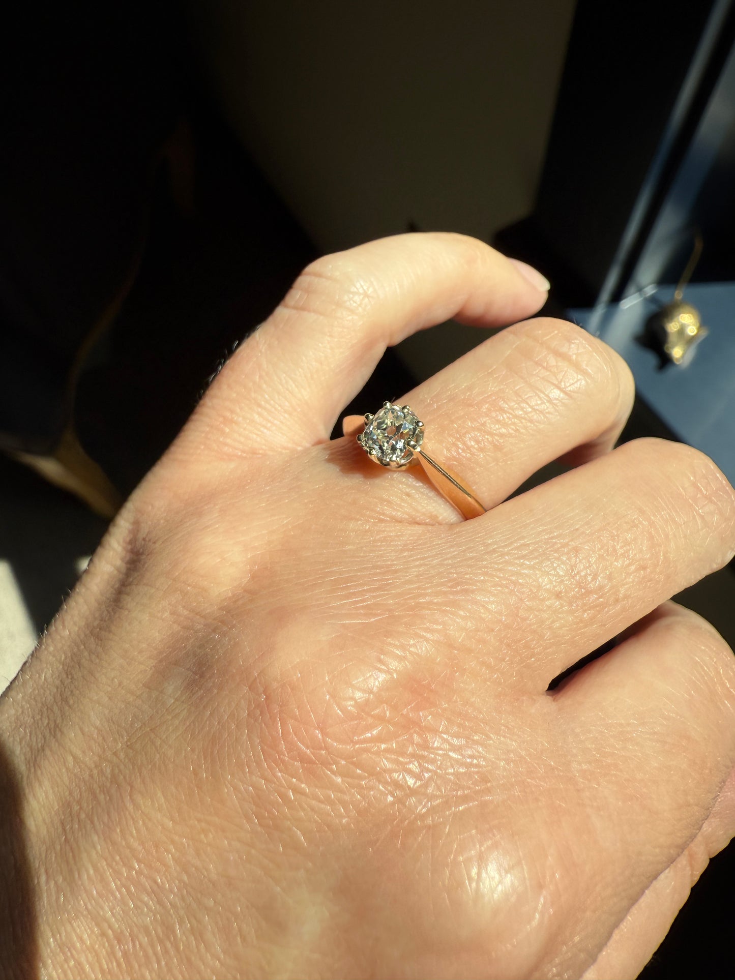 Antique Eye Clean .65 Carat Elongated Old Mine Cut DIAMOND French Solitaire Engagement Ring Stacker 18k Gold Wedding Prong Set OMC Gift