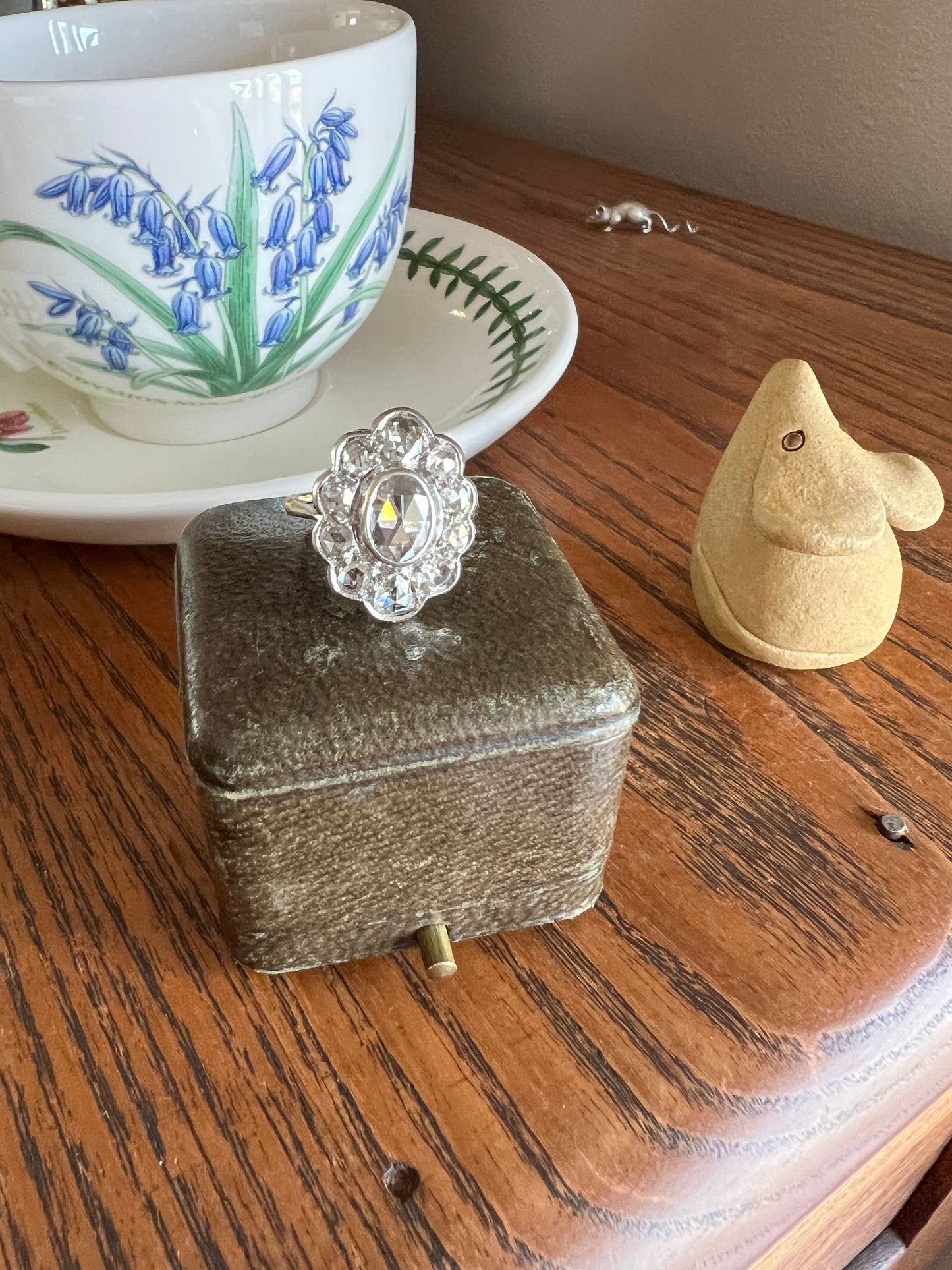 XL French Antique Open Back Oval Rose Cut DIAMOND Clear Disco Daisy Cluster Ring Victorian 18k Gold Platinum