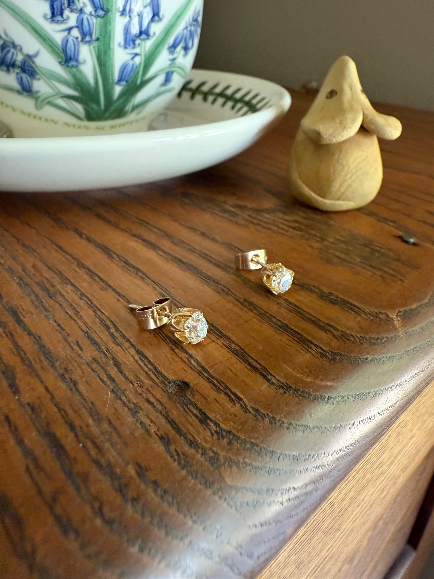 Antique 1 Carat 1Ctw. Cushion Cut Old Mine Cut DIAMOND Stud Earrings 18k GOLD Setting 9k Backs