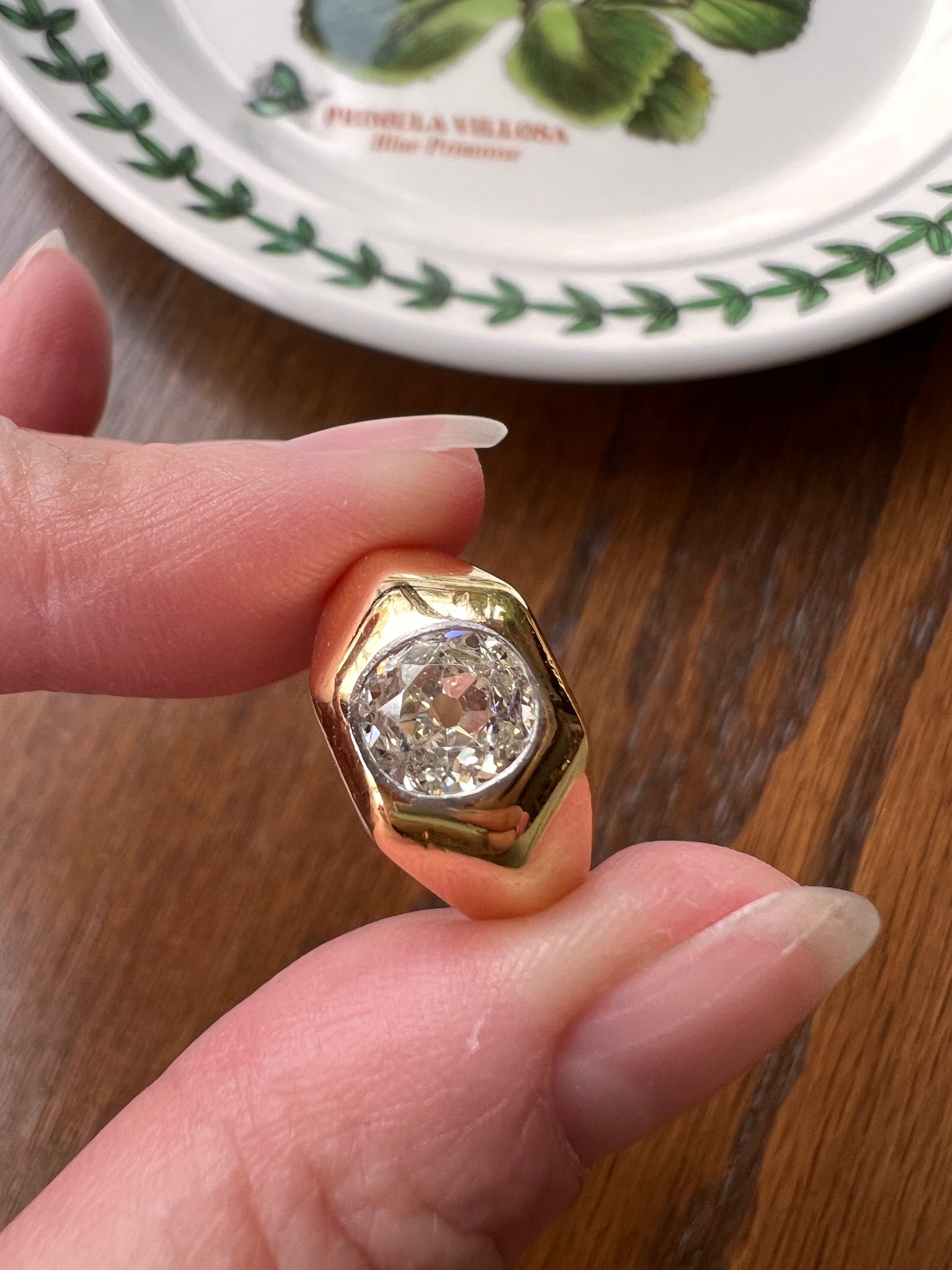 HEXAGON Chunky 1 Carat Old Mine Cut GYPSY Ring Faceted Wide Band French Antique Heavy 10g 18k Gold