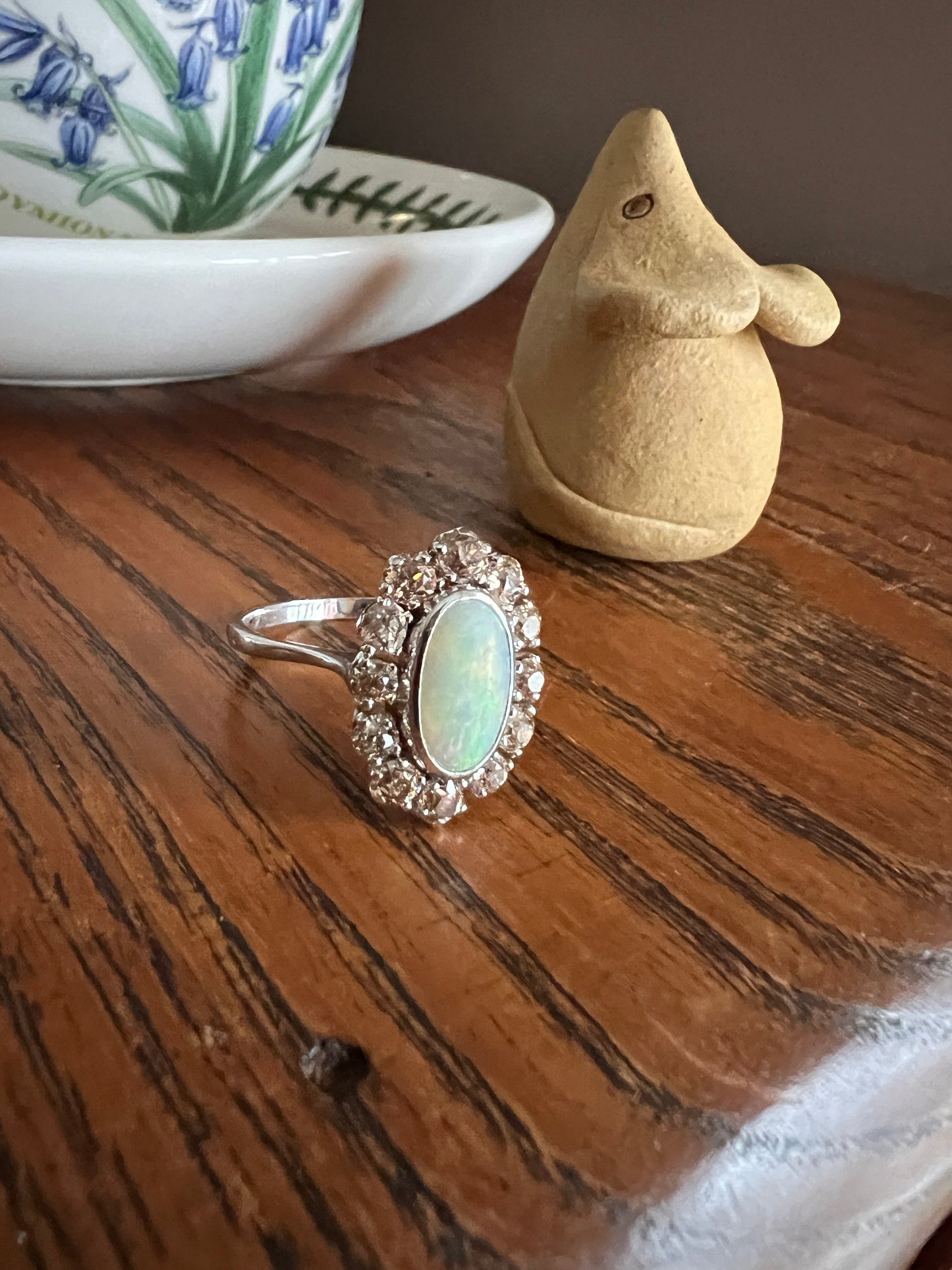 TALL OPAL 1.5 Carat Champagne Old Mine Cut DIAMOND Halo Vintage Ring Platinum 18k Gold Light Brown Antique OMC