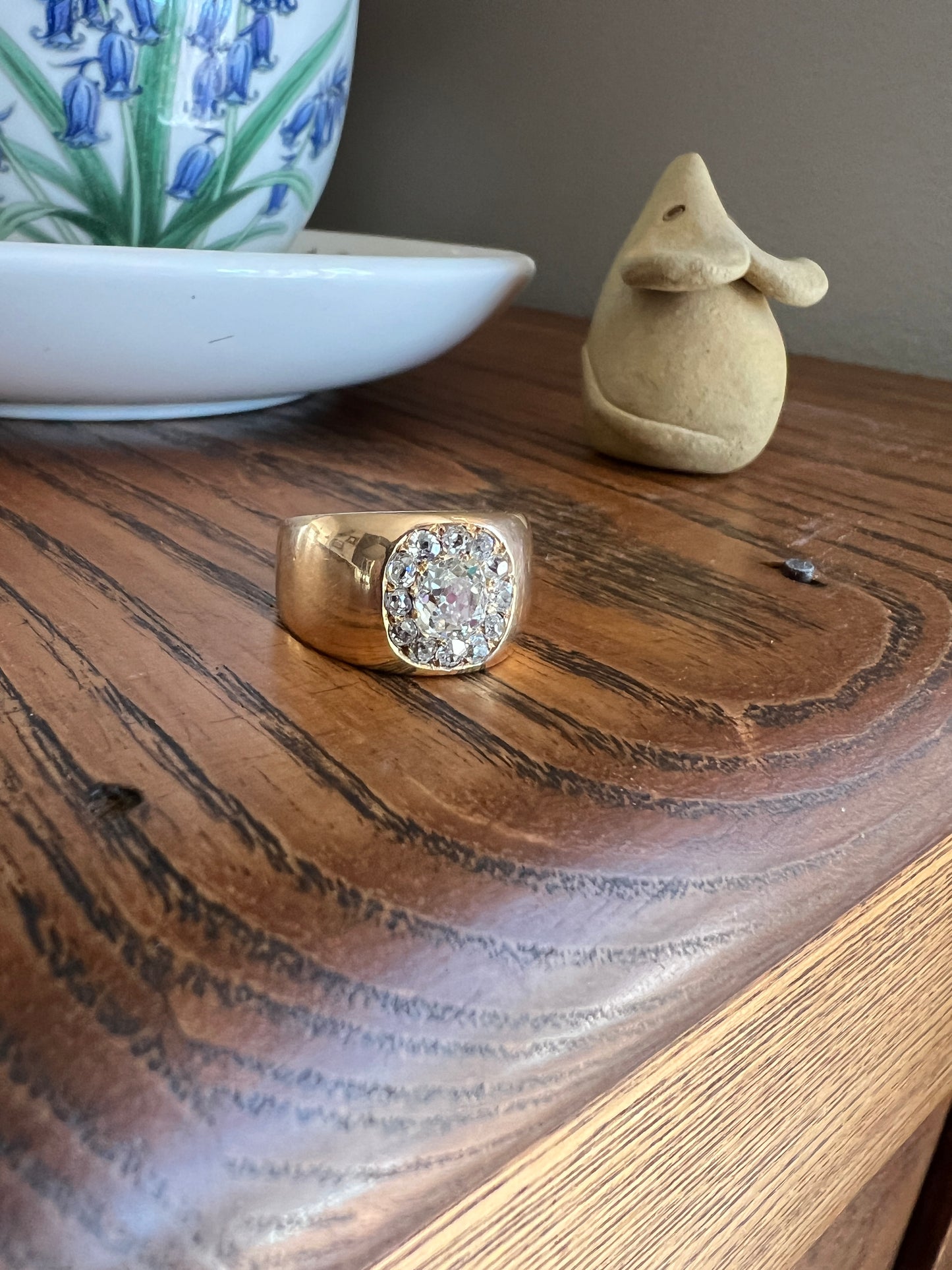 ANTIQUE 1 1/4 Carat Eye Clean Old Mine Cut DIAMONDS Chunky 18k Gold 12mm Wide Cigar Band Cluster Halo Ring French Cobblestone
