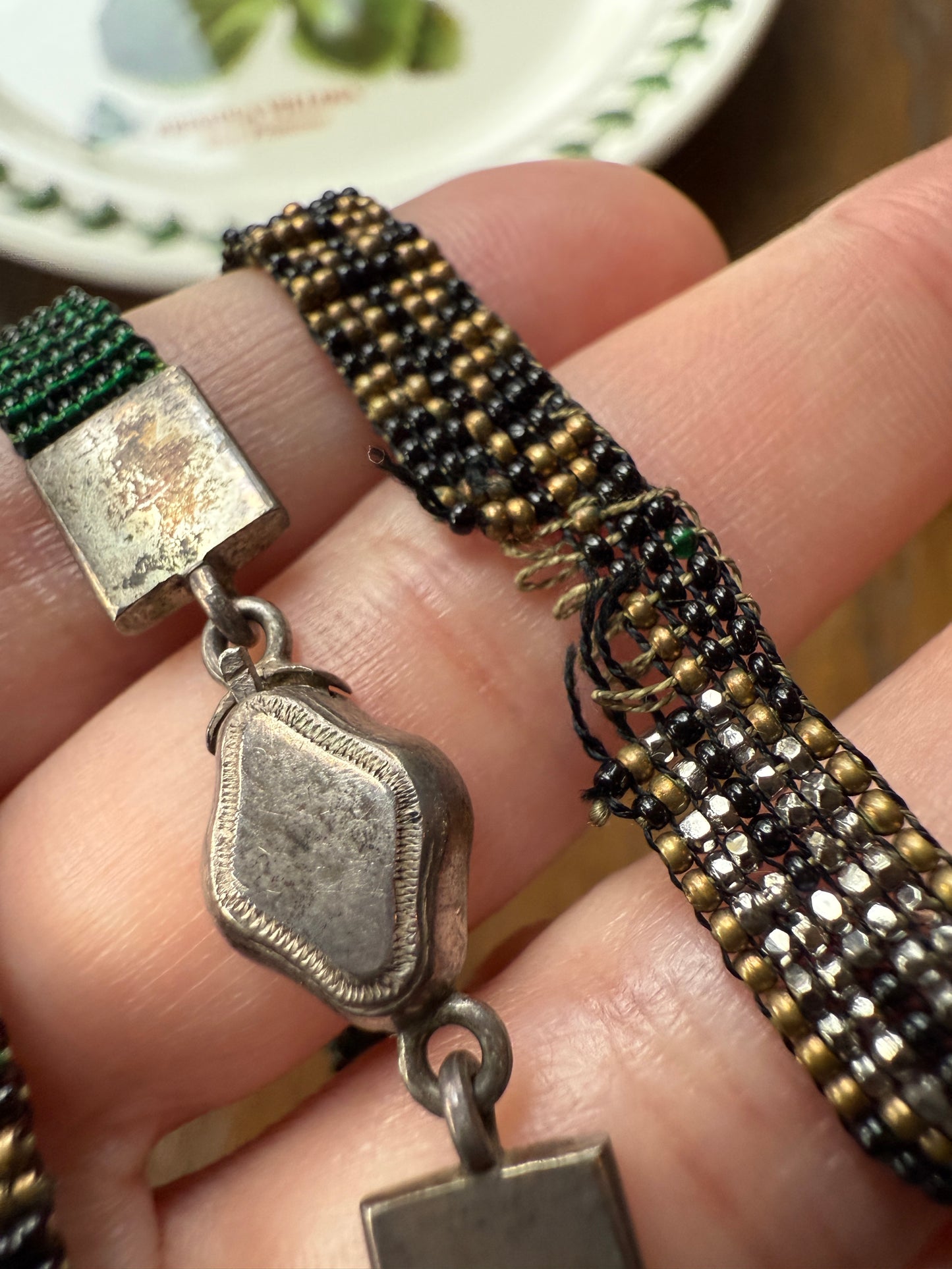 Victorian Antique Emerald Green Black and Gold Intricate Hand Beaded Long Chain Wide Ribbon Flapper Style