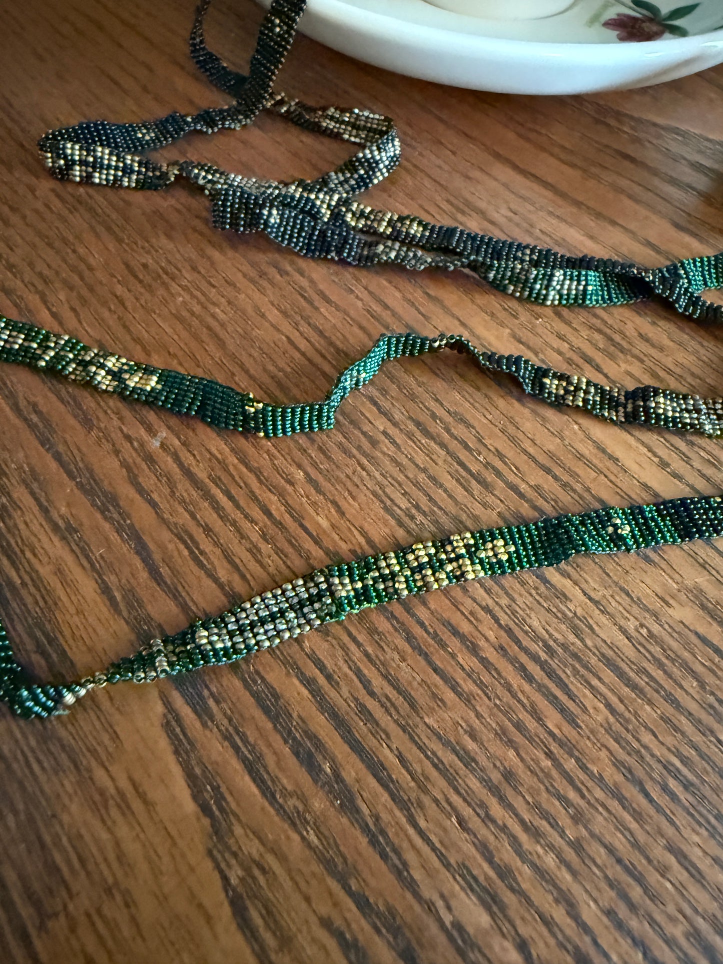 Victorian Antique Emerald Green Black and Gold Intricate Hand Beaded Long Chain Wide Ribbon Flapper Style
