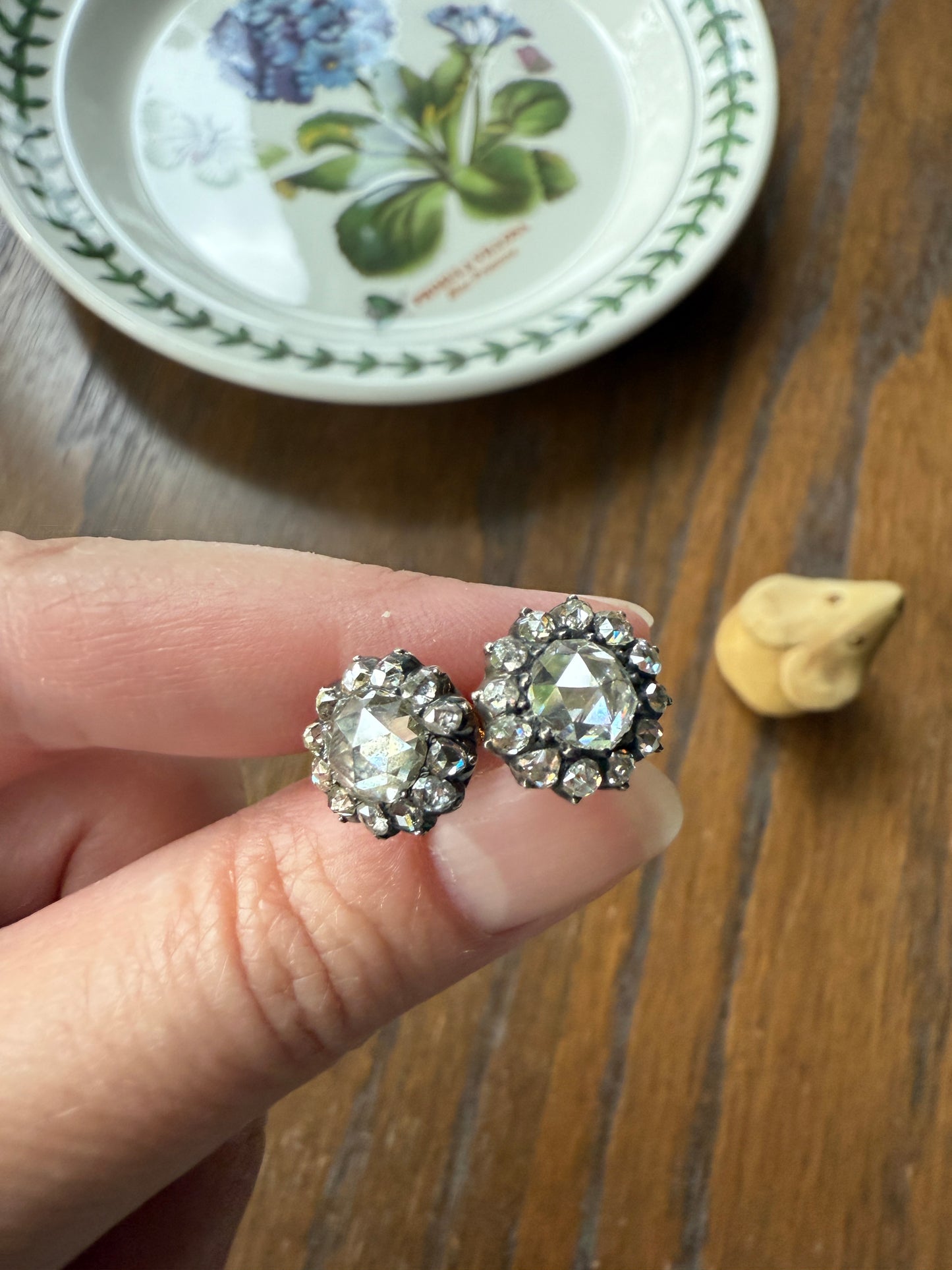 Gorgeous Rose Cut DIAMOND Cluster Stud Earrings Domed Disco Balls w/ Halo 14k Gold Silver Chunky Foiled Stones