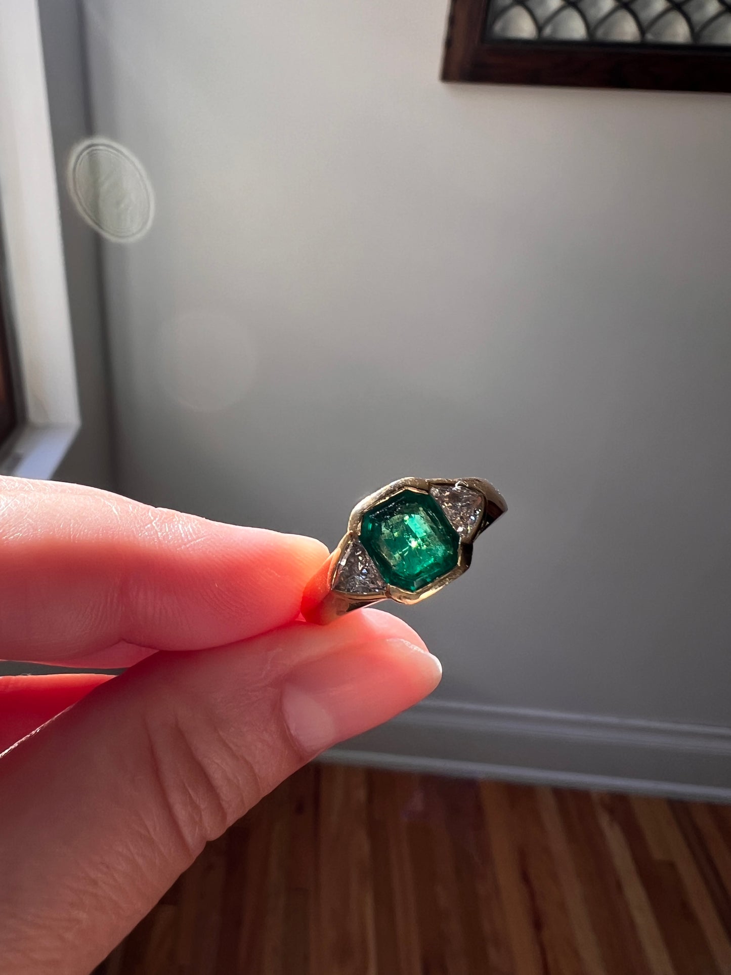 Vintage .85 Ct Trillion Cut Diamond Green Octagonal EMERALD Art Deco Three Stone Gypsy Ring HEAVY French 18k Gold