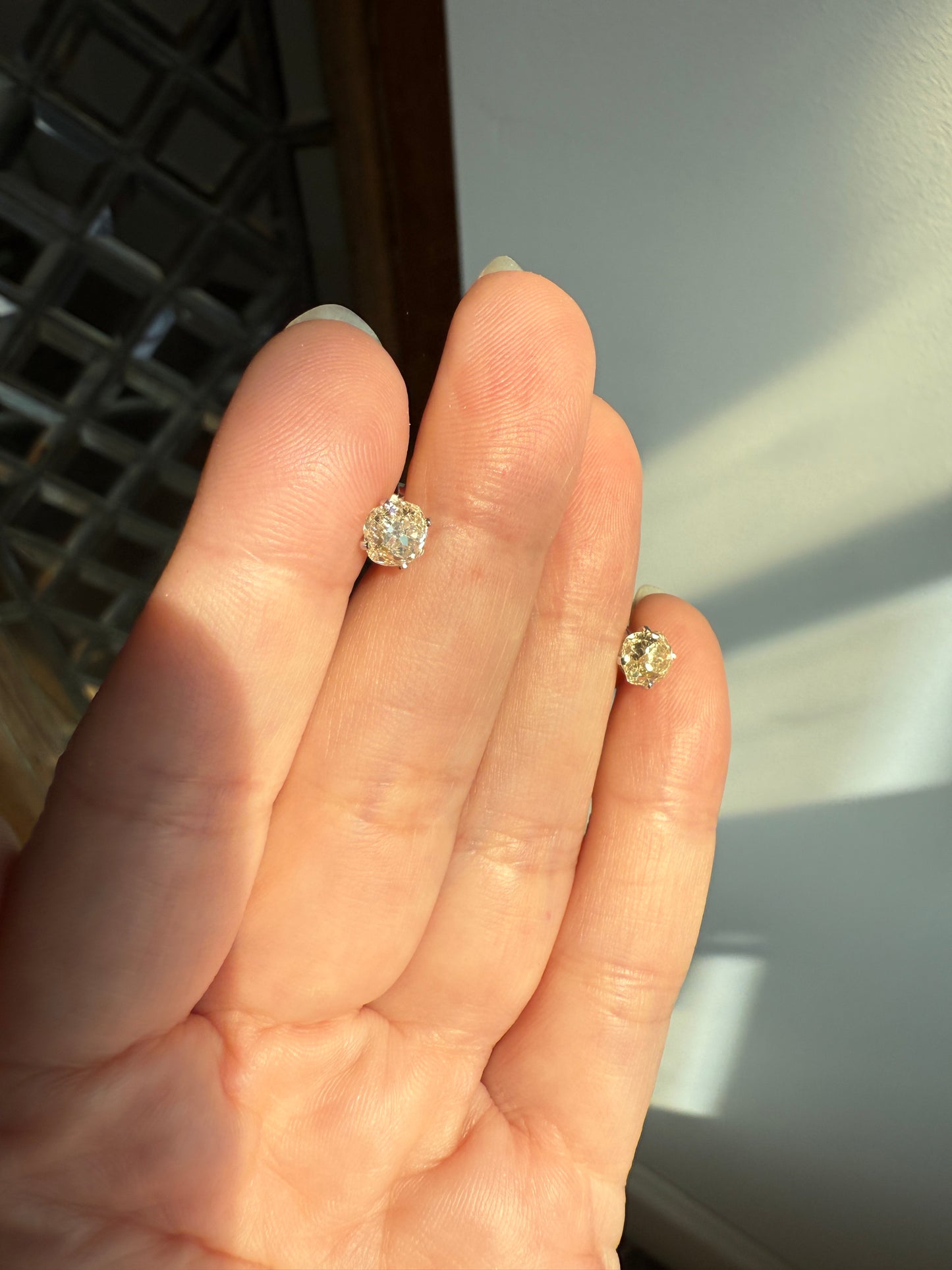 Old Mine Cut 1.3 Carat Tdw DIAMOND Stud Earrings French 18k White GOLD Warm Chunky Antique Stones Later Prong Set