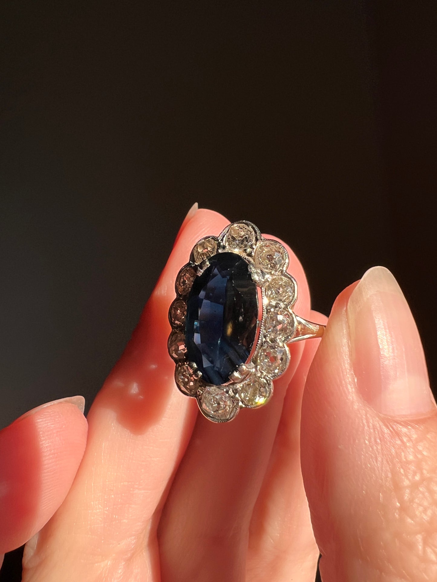 French Antique 18k White Gold PLATINUM 3Ct Natural SAPPHIRE 1.2Ctw Old Mine Cut DIAMOND Halo Ring Cluster
