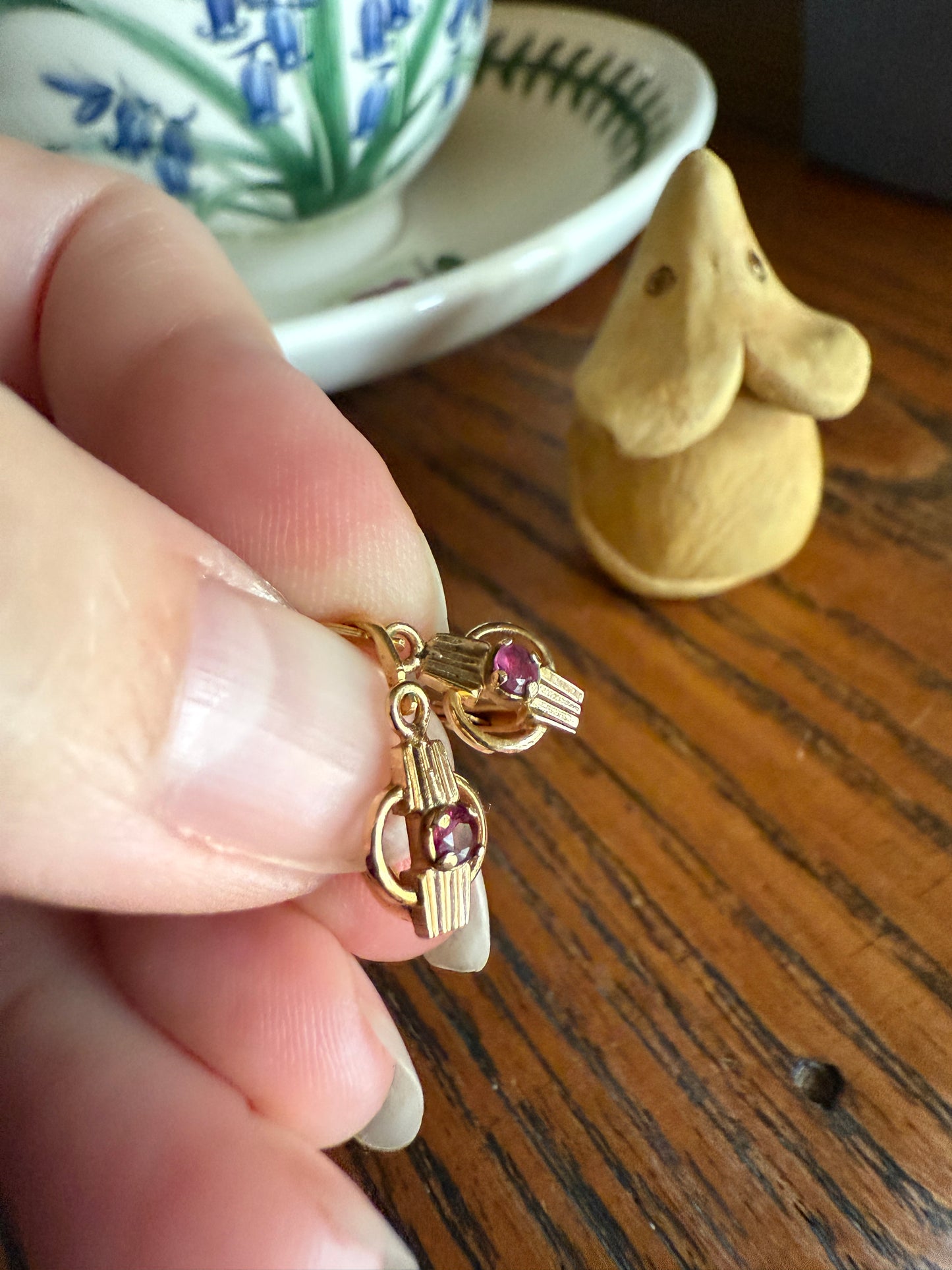 Linear Dormeuse Dangle Earrings French Vintage Art Deco Ruby Gold Fill Geometric