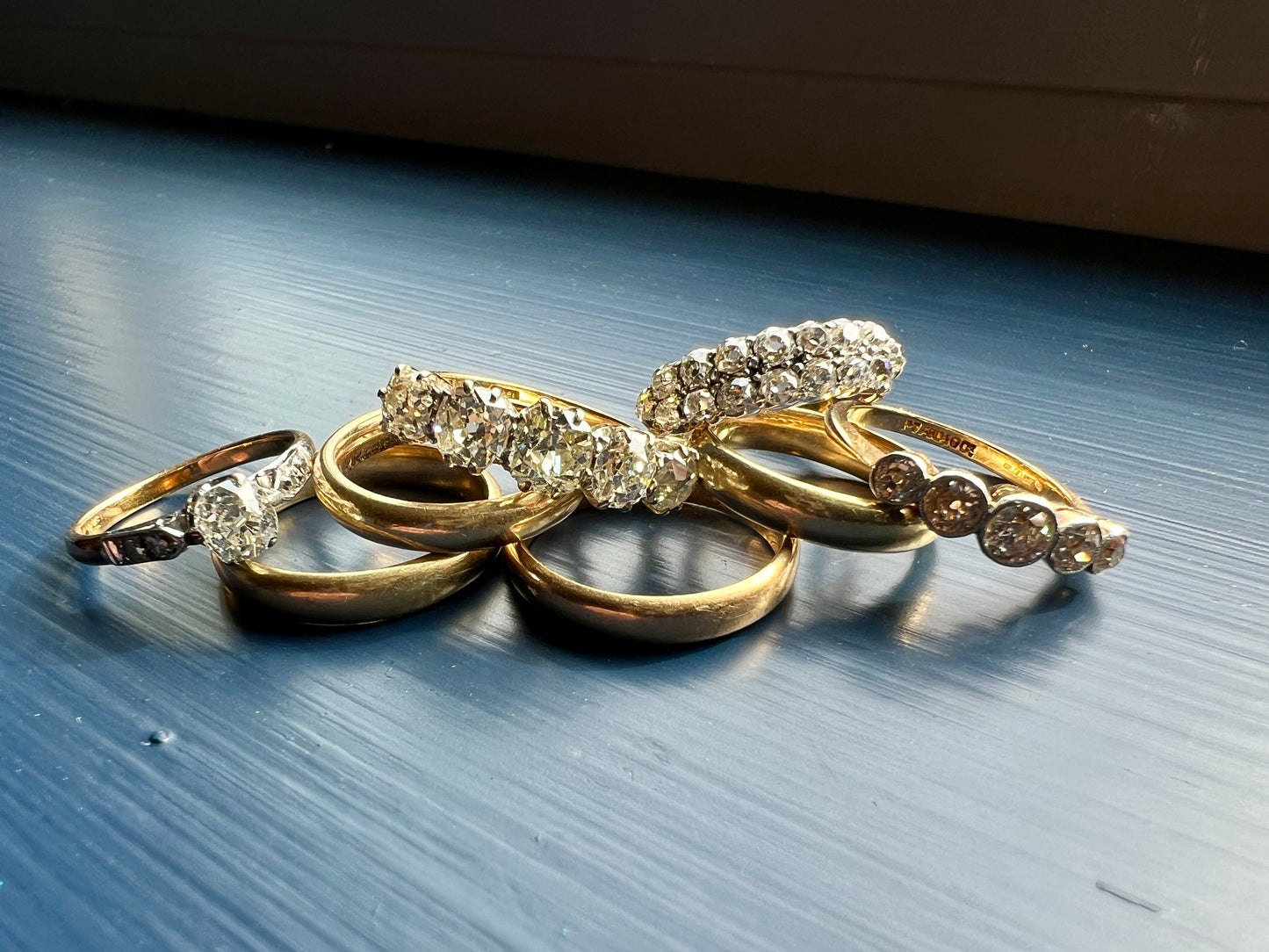 Antique One Carat Champagne White Old Mine Cut DIAMOND 18k Gold Platinum Five Stone Ring Bezel Set Band
