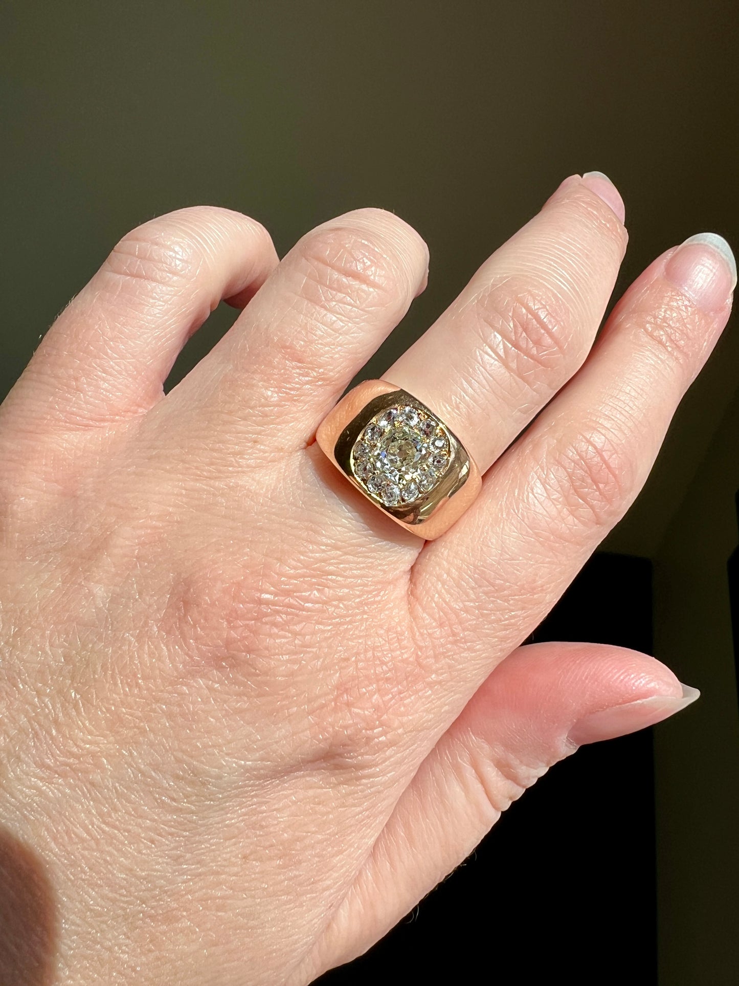 ANTIQUE 1 1/4 Carat Eye Clean Old Mine Cut DIAMONDS Chunky 18k Gold 12mm Wide Cigar Band Cluster Halo Ring French Cobblestone