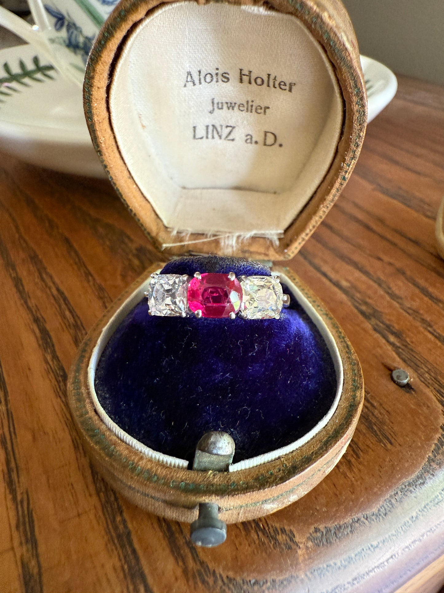 TALL Three Stone Square Old Mine Cut DIAMOND Natural Ruby 18k White Gold Ring Unique Stacker Setting Stackable Pinkish Red
