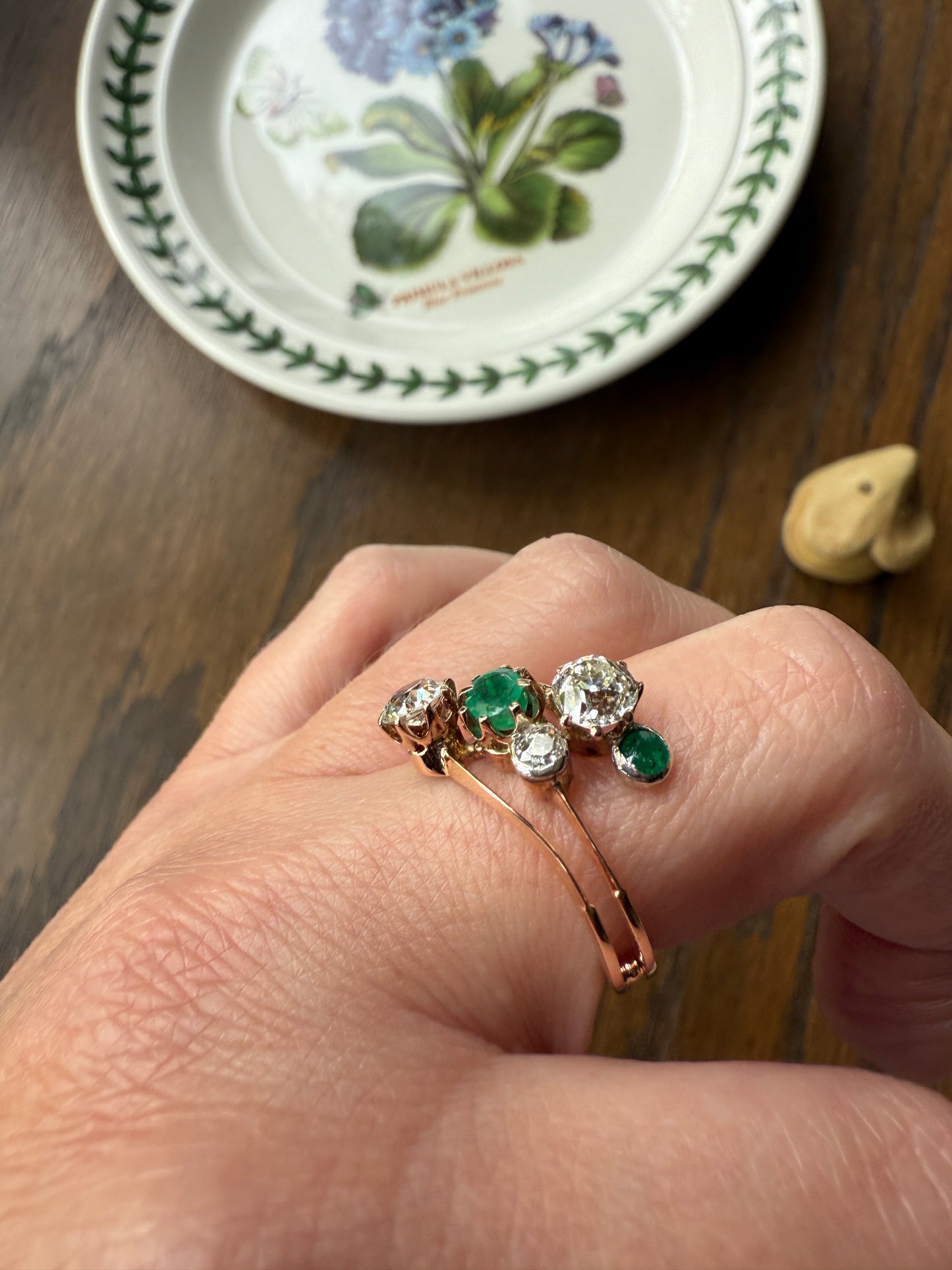 Antique EMERALD 1.4 Carat Old Mine Cut DIAMOND Angled Cluster Ring Chunky Victorian 18k Gold Two Levels Double Bands Green