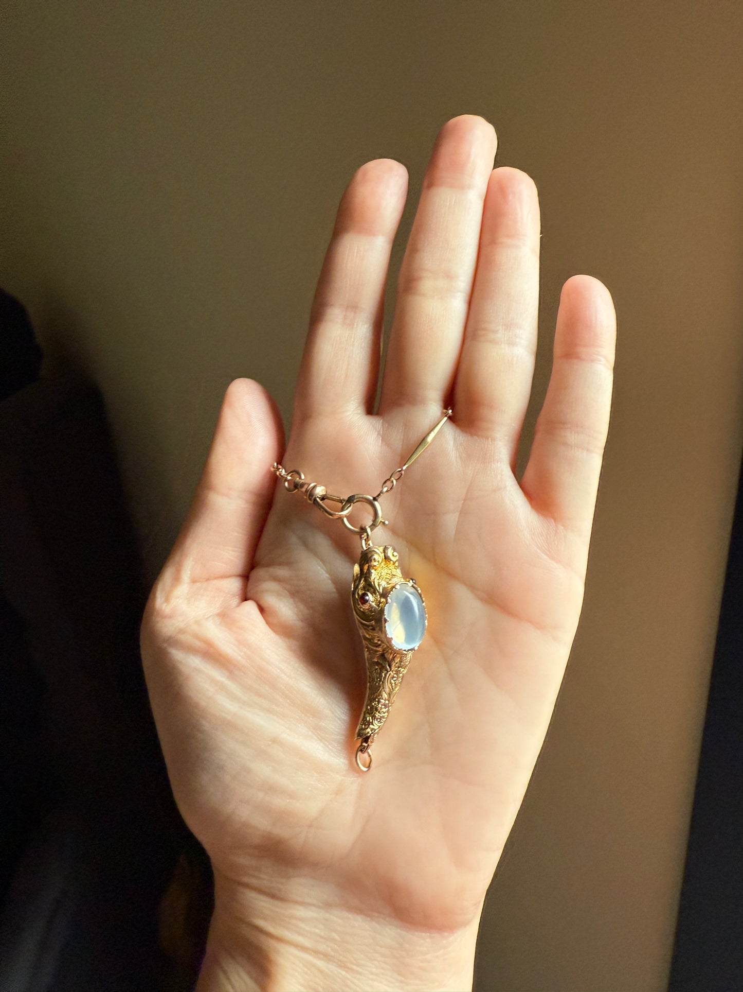 MOONSTONE Smiling SNAKE Large Victorian Antique Pendant CONNECTOR Extender Figural 10k Gold Solid Swivel Engraved Head Garnet Eyes