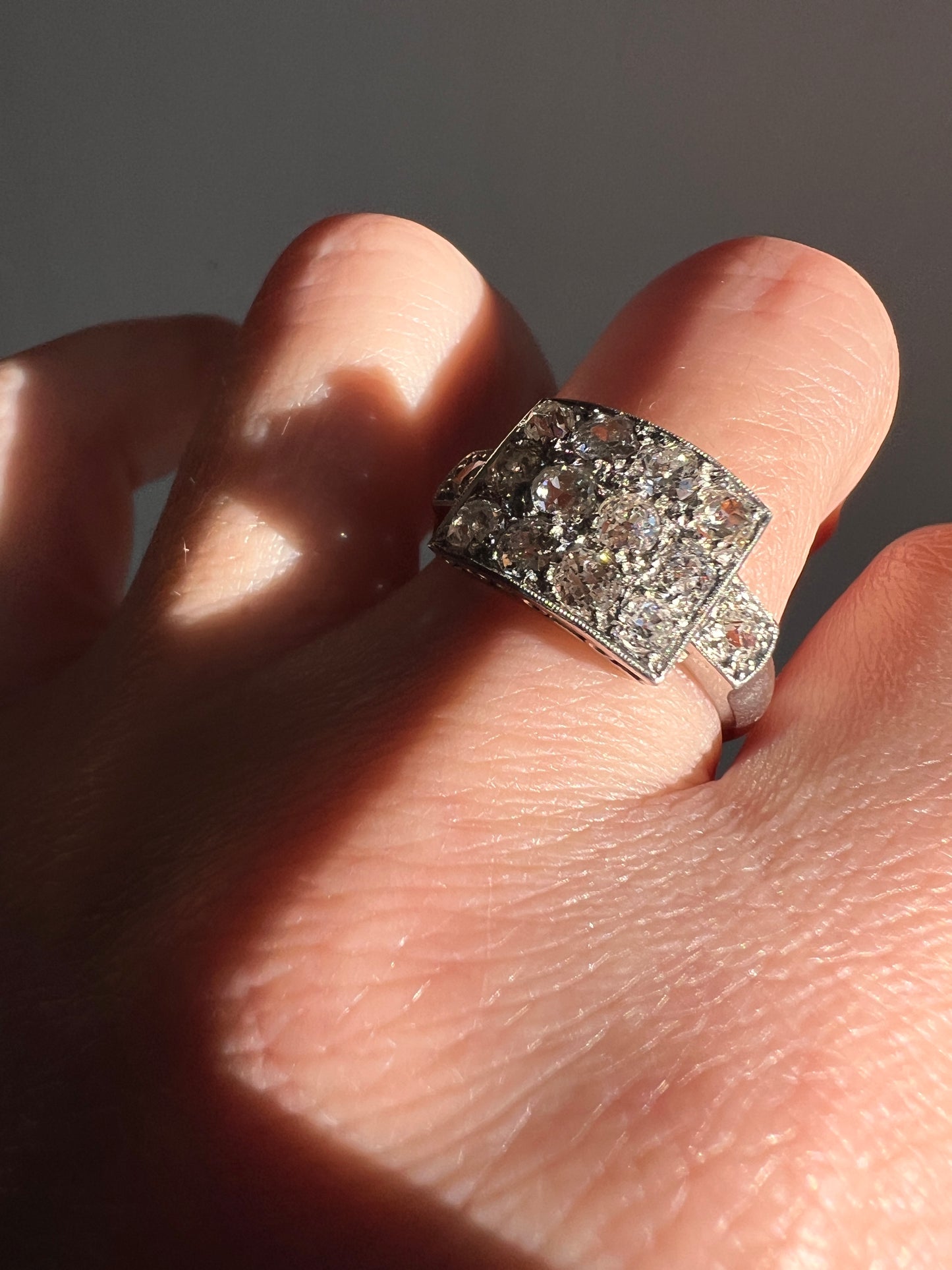 Two Carat 14 Old Mine Cut DIAMOND Curved Cluster Grid Ring French Antique Platinum Cobblestone