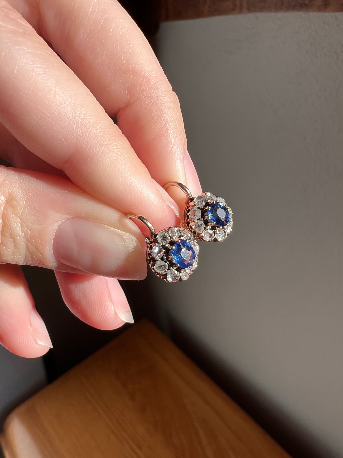 Antique Blue SAPPHIRE .7 Carat Rose Cut DIAMOND Halo Earrings 14k Gold Victorian Dangle Dormeuse Gift Bridal Something Old Blue Holiday Gift