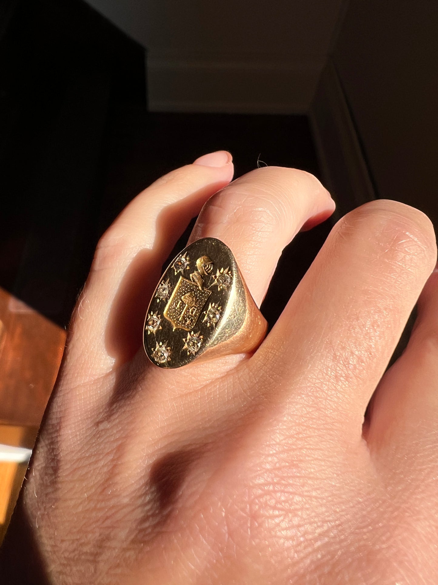 Old Mine Cut DIAMOND Starburst HEAVY French Antique Signet RING 13g 18k Gold Solid Helmet Coat of Arms Chunky