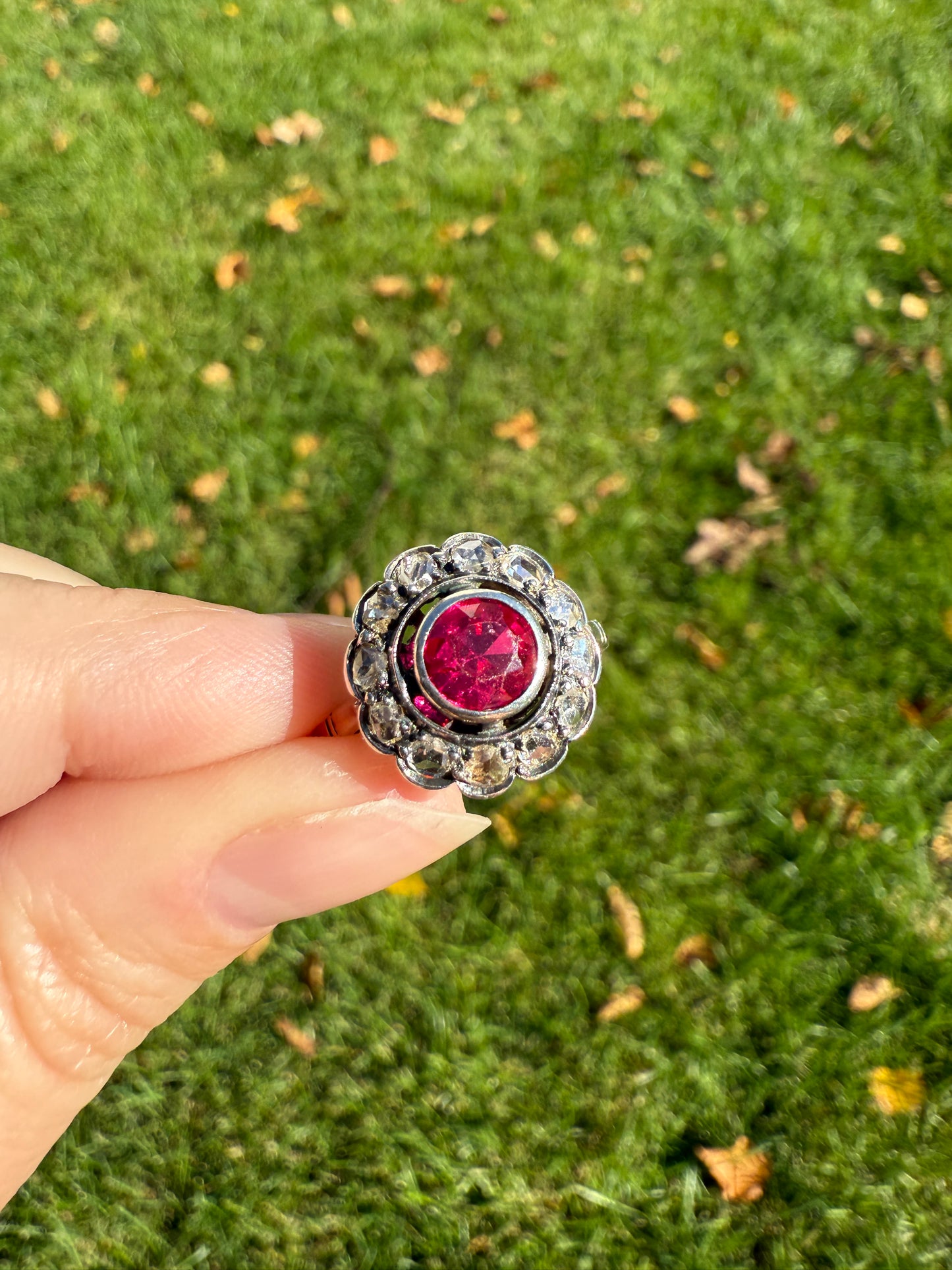 Antique Ruby & Rose Cut Diamond Halo Cluster Ring Pink Red Solid Silver French Edwardian Stacker