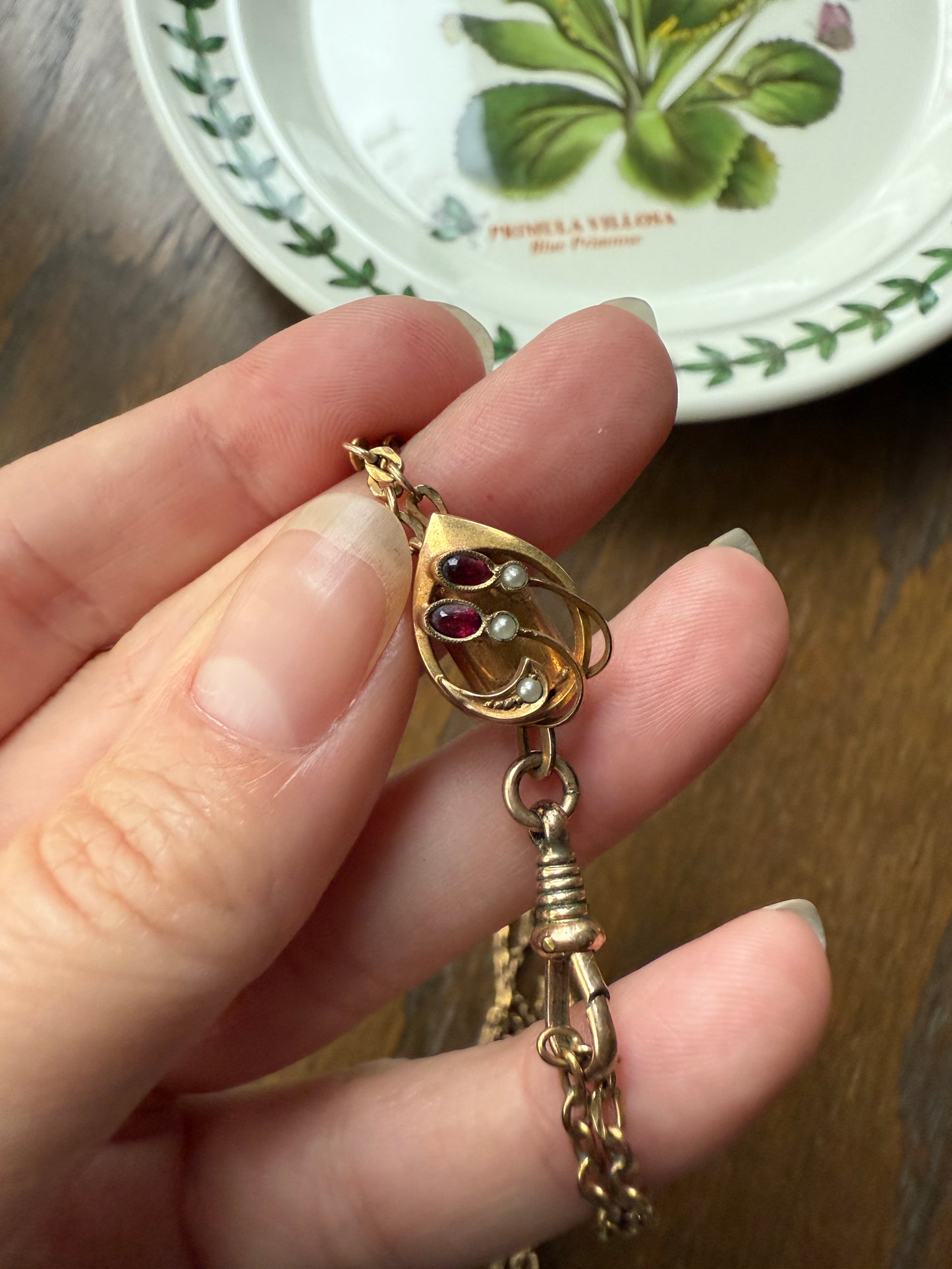 Victorian Art Nouveau Warm Rosy Gold Fill Long Guard Muff Watch Chain Necklace with Swirl Marquise Paste Ruby & Seed Pearl Slide