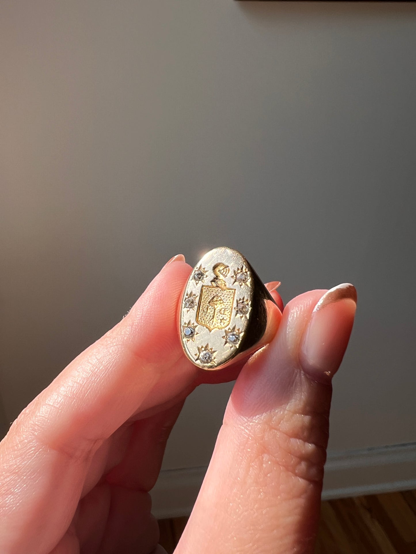 Old Mine Cut DIAMOND Starburst HEAVY French Antique Signet RING 13g 18k Gold Solid Helmet Coat of Arms Chunky