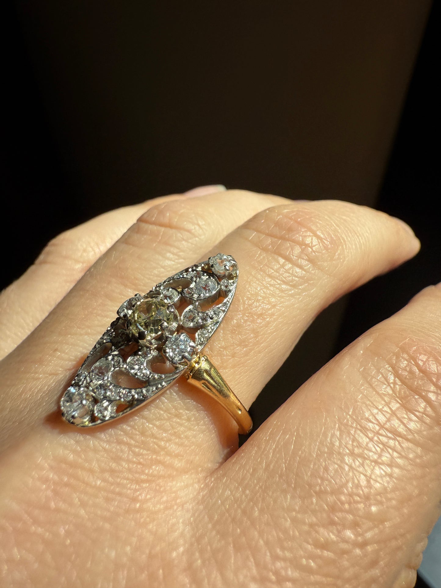 Ornate 1 Carat + French Belle Epoque Oval Old Mine Rose Cut Diamond Pale Light Yellow Center 18k Gold Platinum Scroll