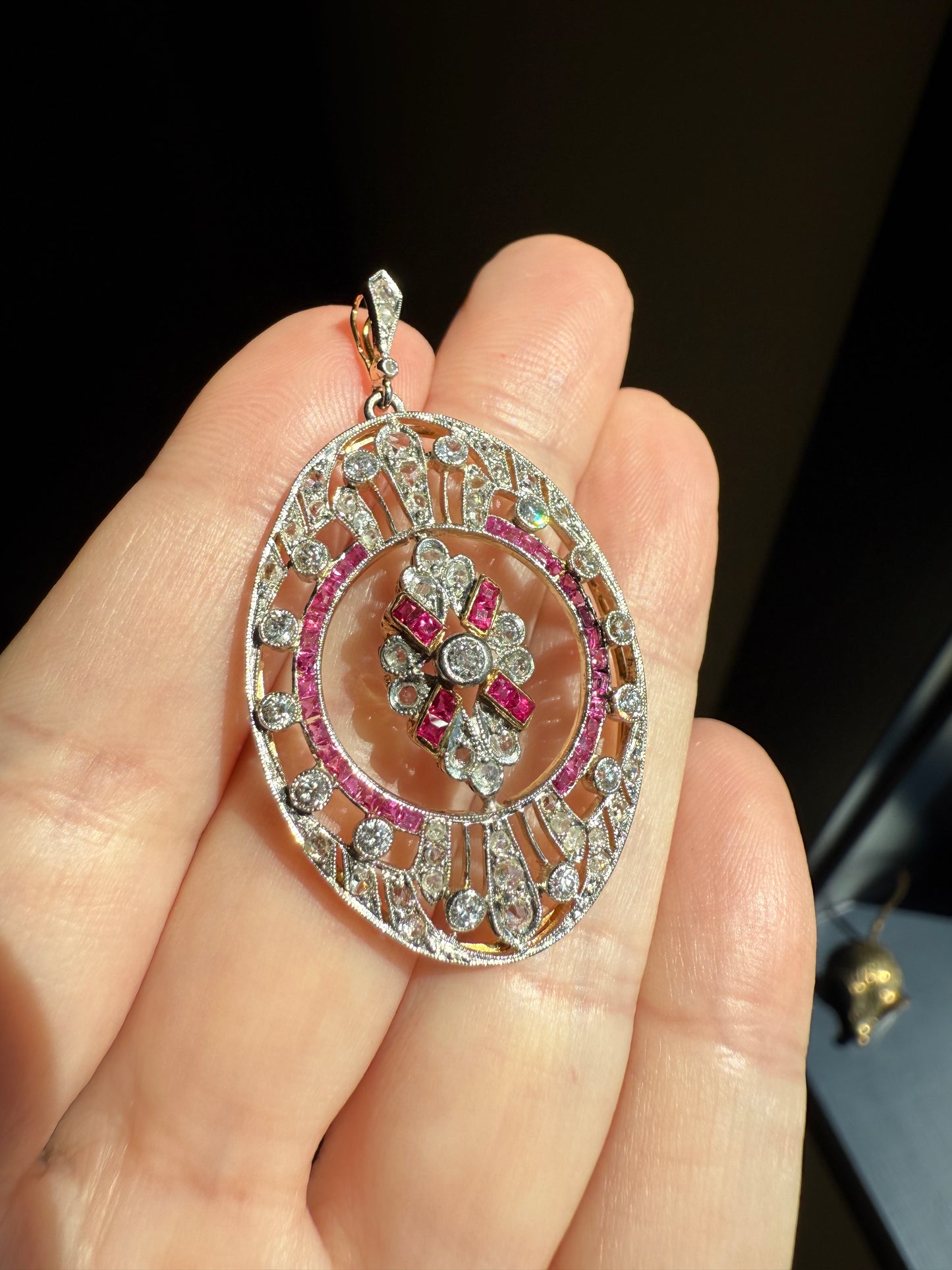 XL French Edwardian Ruby 1.75 Carat Old Mine Rose Cut DIAMOND 18k Gold Oval Pendant Open Work Medallion Pink Carre Cut Halo