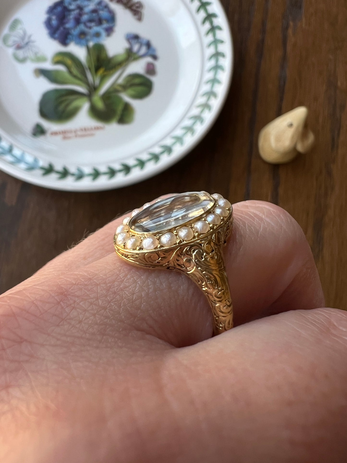 LOCKET Back Ring 18k Gold PEARL Halo Magnifying Lens Ornate 3D Hand Engraved OPENS Hinged Compartment Band Love Token Scrolled