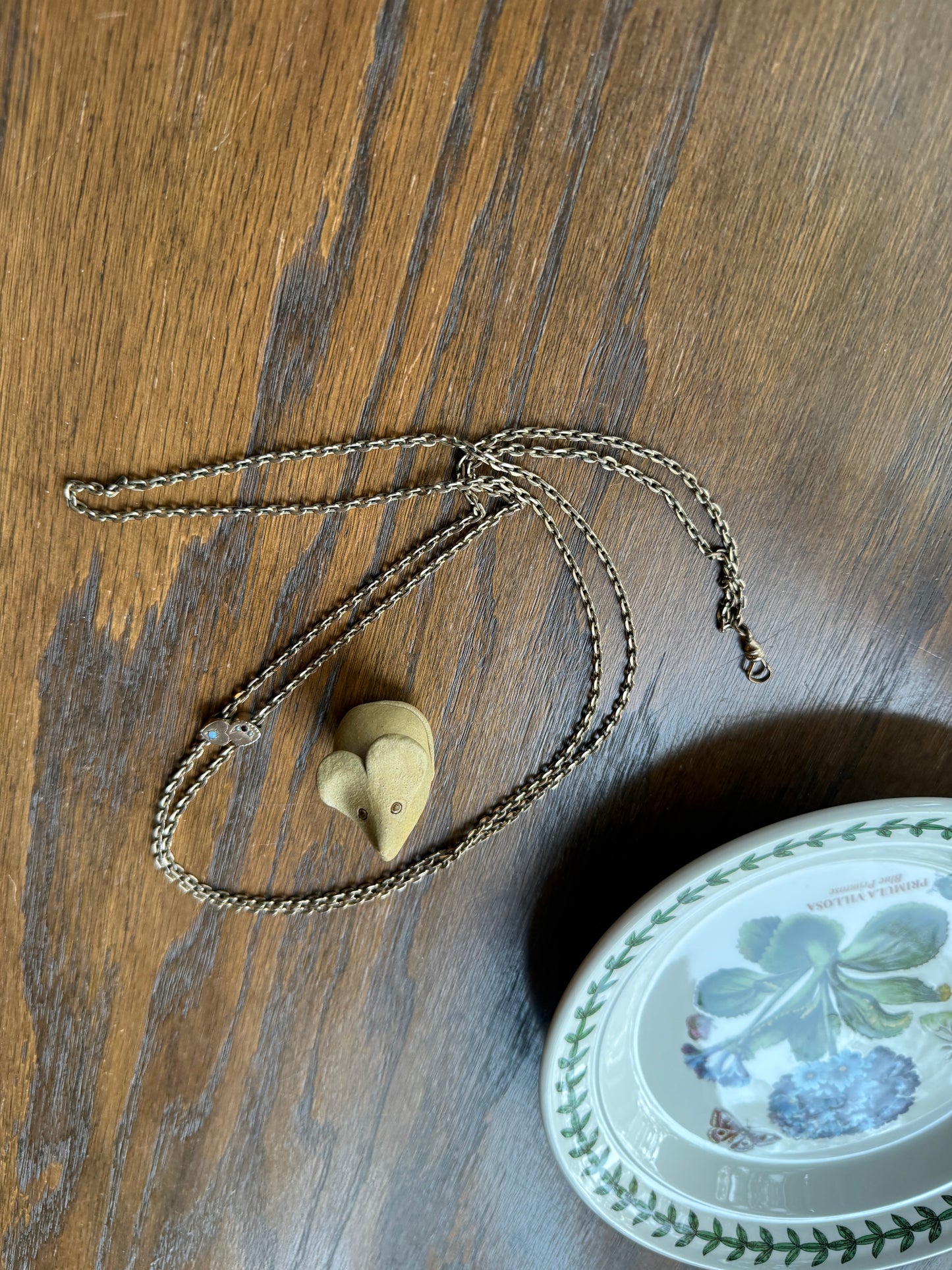 Two HEARTS Moon Star Slide Victorian Art Nouveau Warm Rosy Gold Fill Long Guard Muff Watch Chain Necklace Pearl & Opal