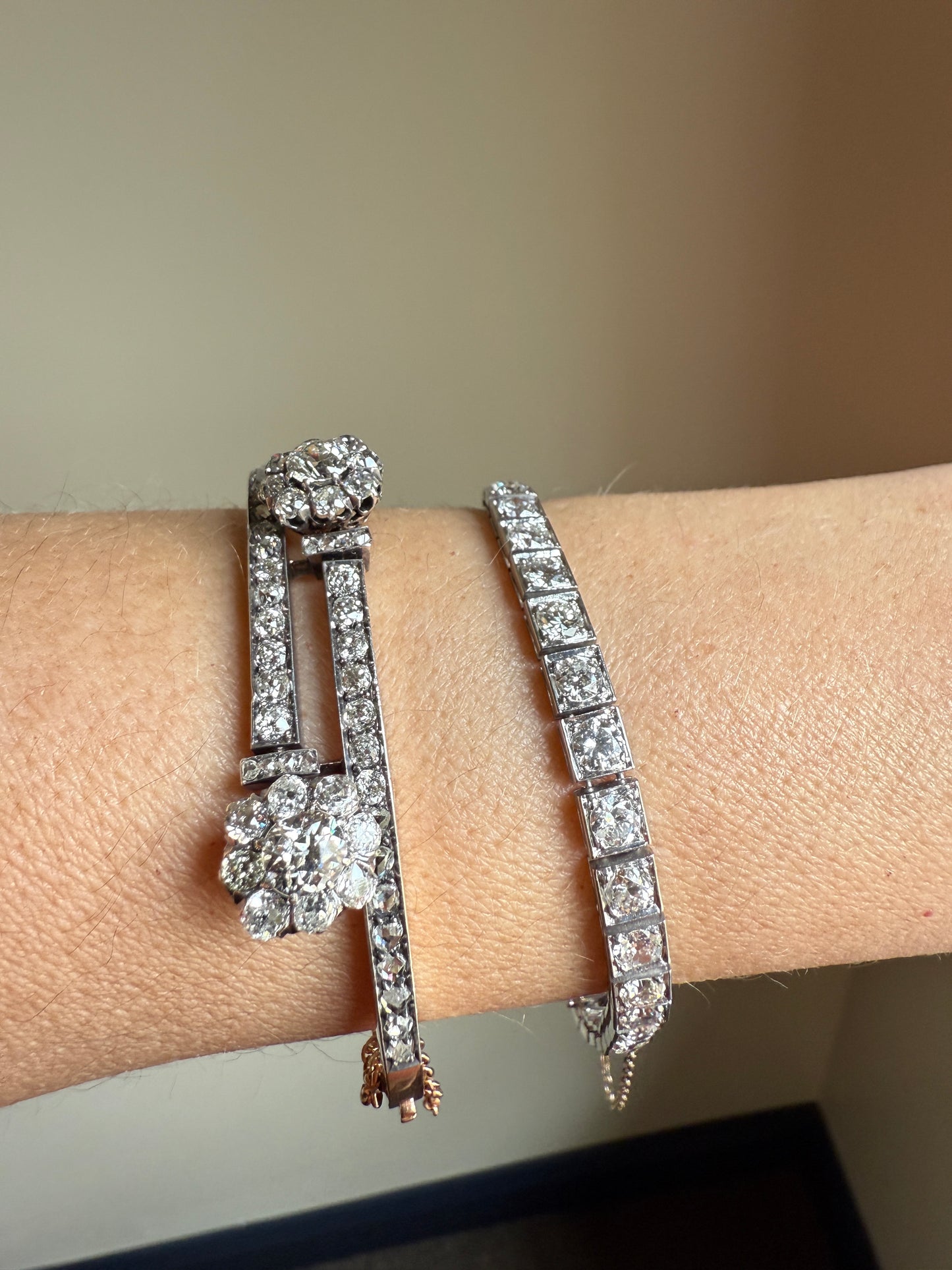 Antique 9.5 CARAT 35 Old European & Mine Cut DIAMOND Line Riviera Tennis Bracelet Platinum French Square Bezel Rivere Wriststack 9.5Ctw OmC