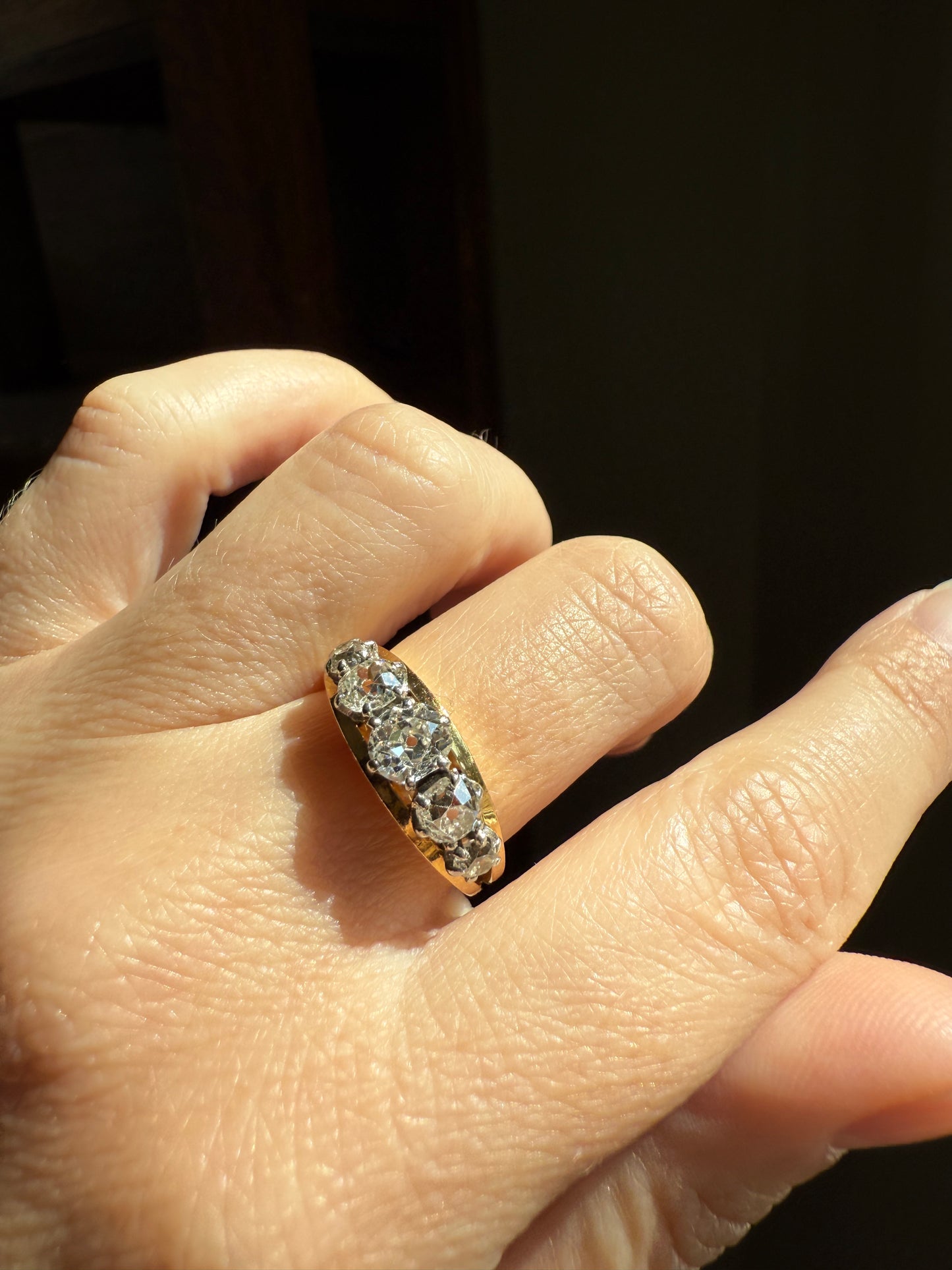 TALL French Vintage Ring 1.65 Carat Antique Old Mine Cut DIAMOND Five Stone Wide Band 18k Gold Platinum Solid Stacker Chunky