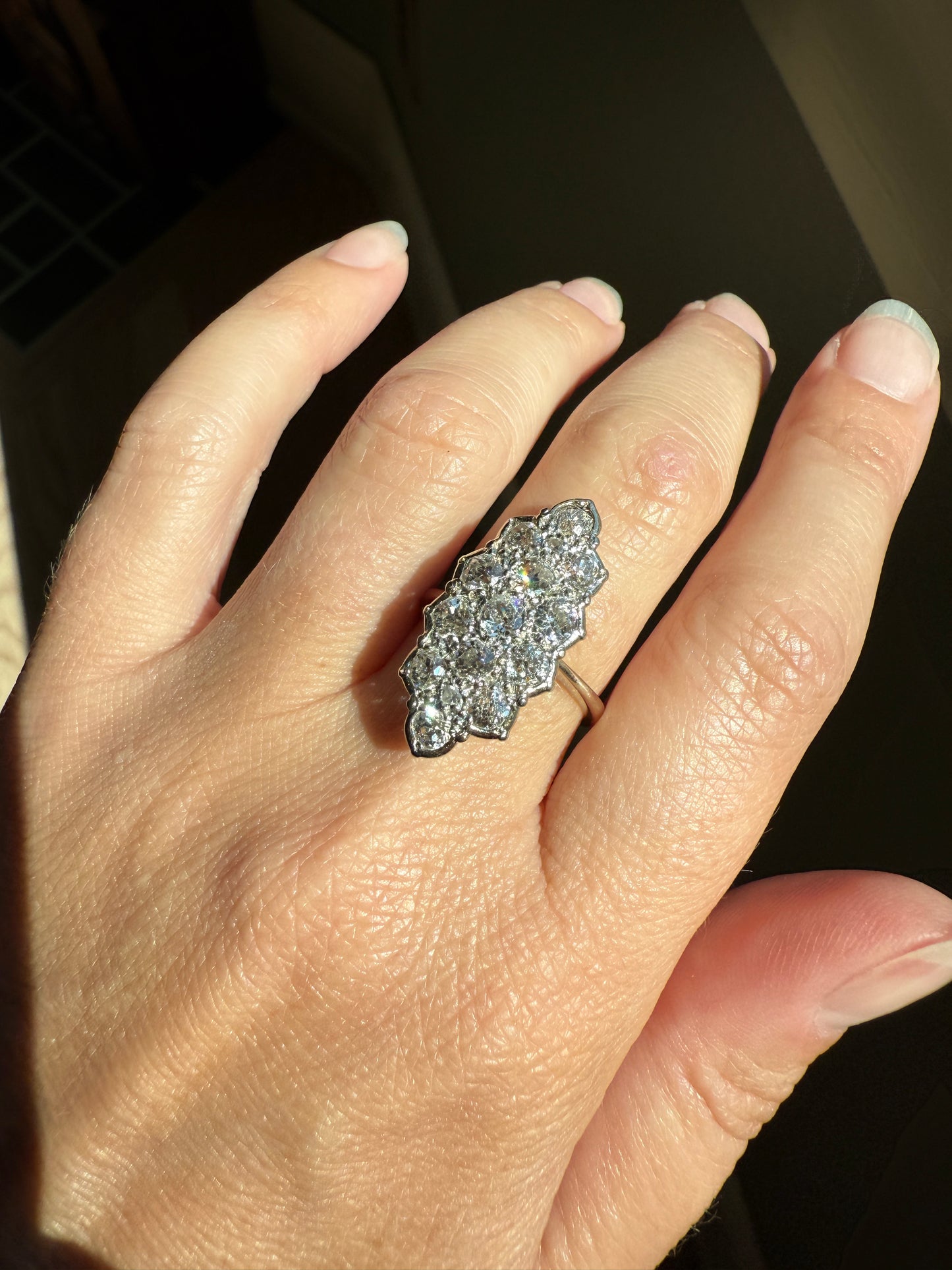 TALL Unique 2.3 Carat Old Mine Cut DIAMOND Navette Cluster Ring French Vintage 18k White Gold Demi Bezel Halo Cobblestone Texture 2.3Ctw OMC