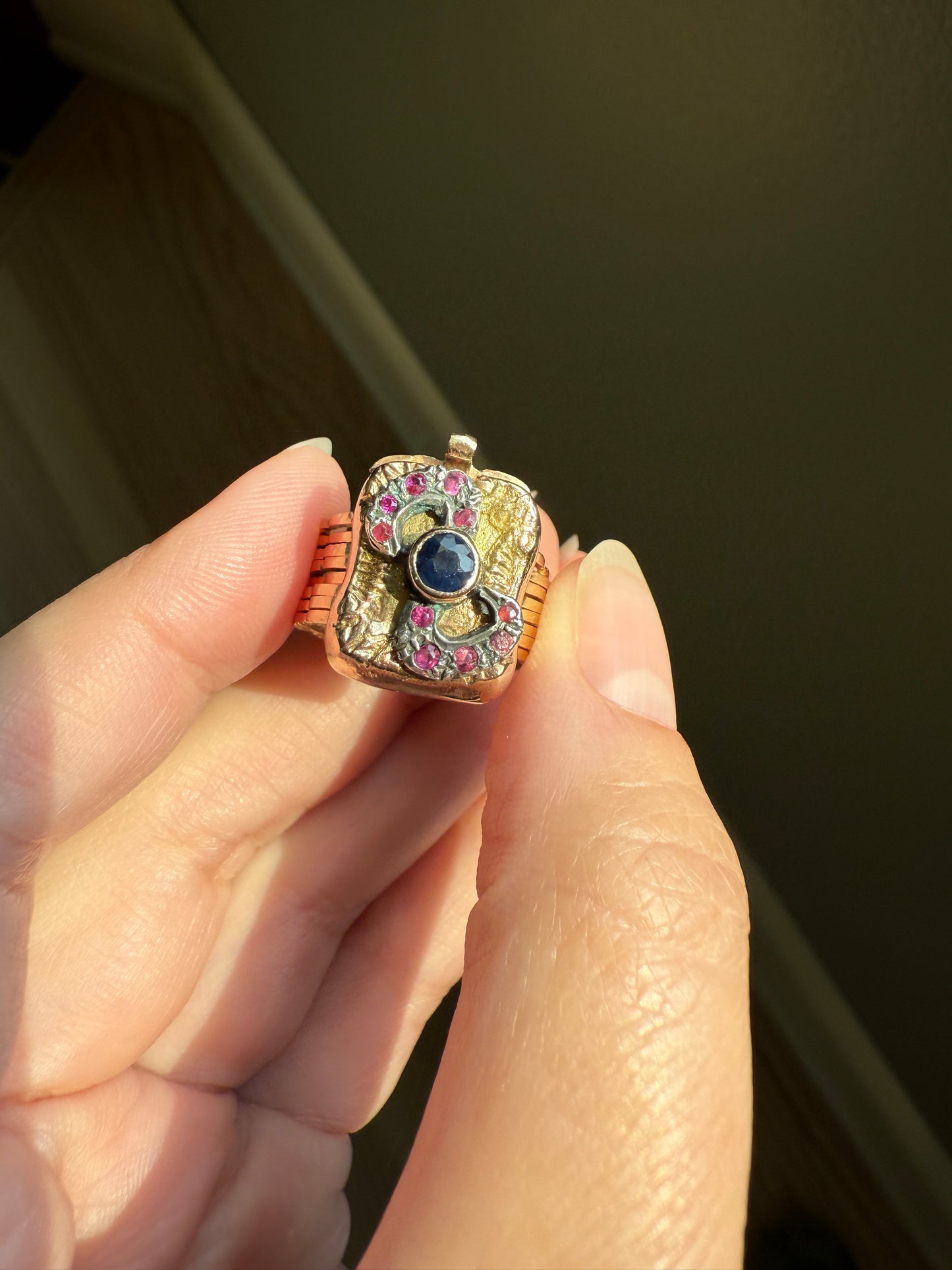 RARE 2 for 1 Convertible RING to BRACELET Surprise Antique Sapphire Ruby Bow 9k Gold Silver Top Clasp Expandable Secret