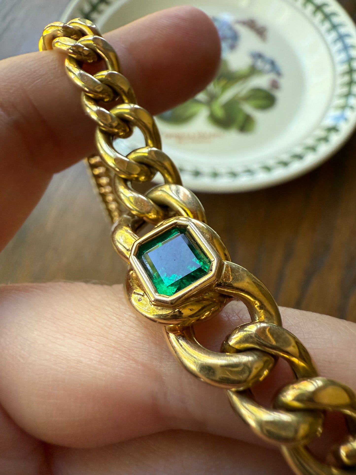 Vintage 26g 18k Gold Natural EMERALD French Curb Chain DATED Cert & ORIGINAL Gouache Drawing Design Heavy Unisex Chunky Green