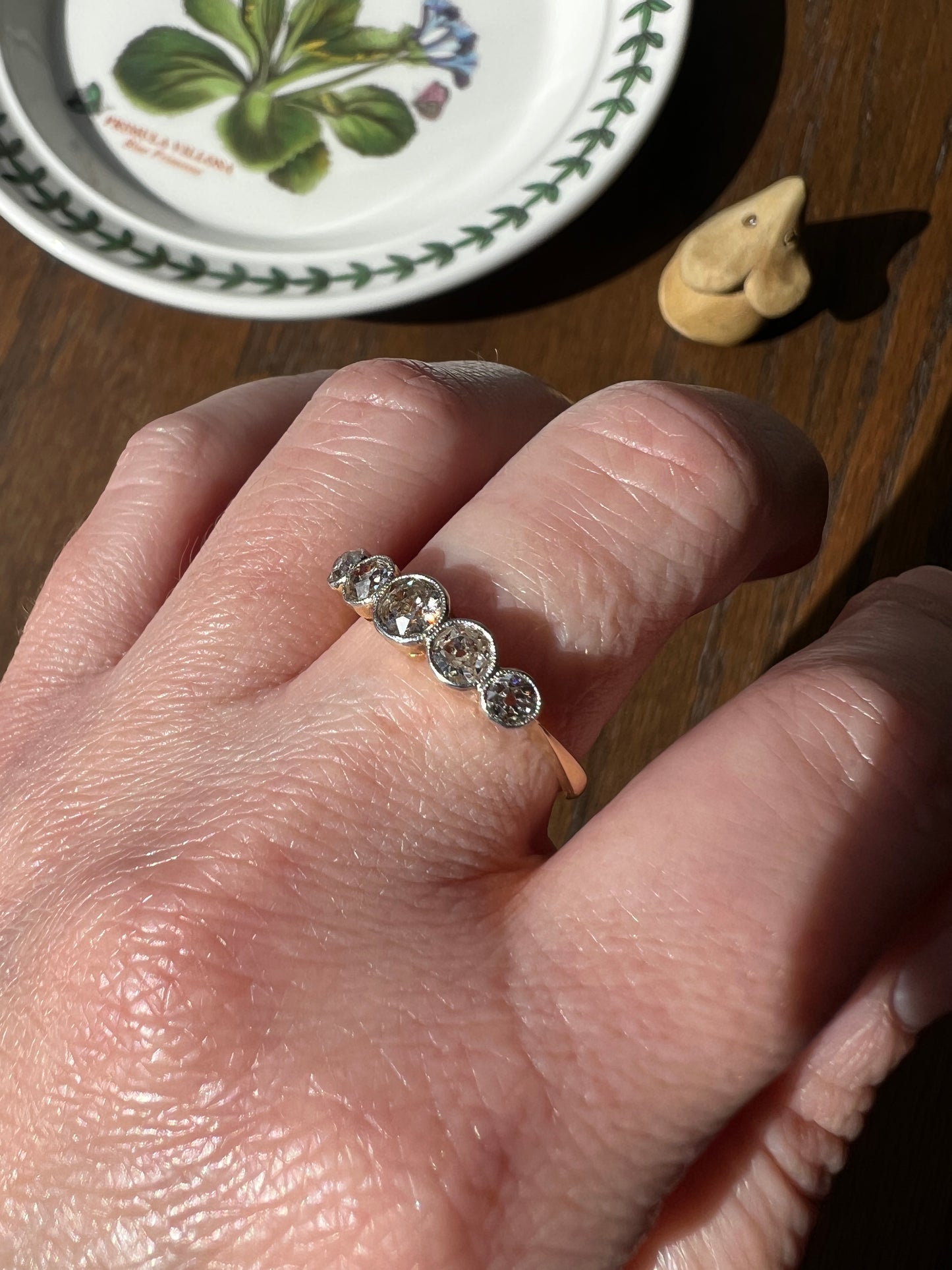 Antique One Carat Champagne White Old Mine Cut DIAMOND 18k Gold Platinum Five Stone Ring Bezel Set Band