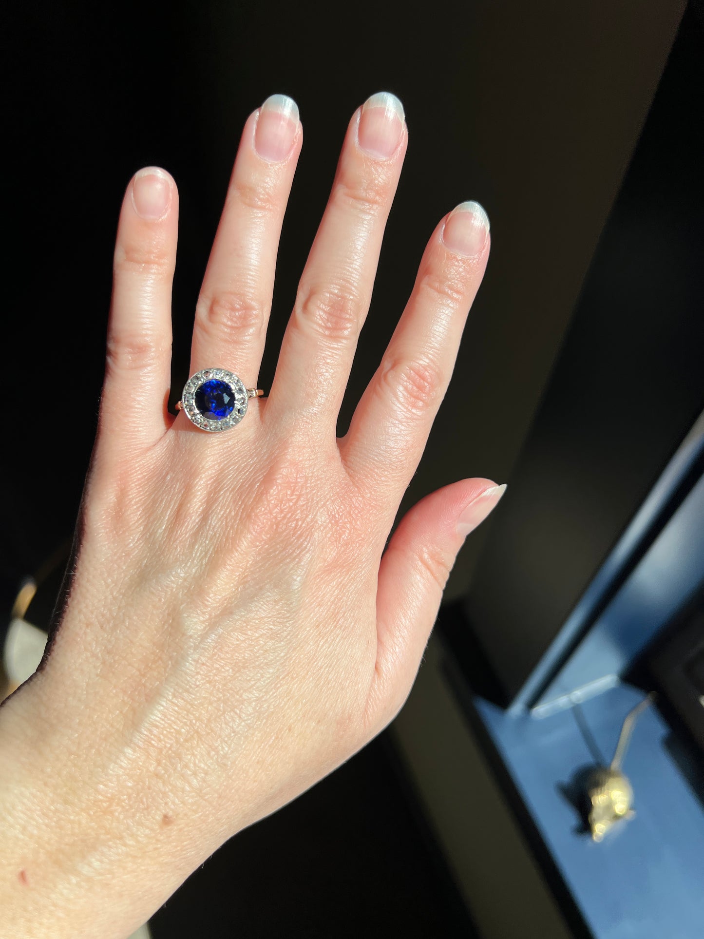 Blue Sapphire Rose Cut DIAMOND Halo Ring French Antique Band Ring 18k Gold Platinum